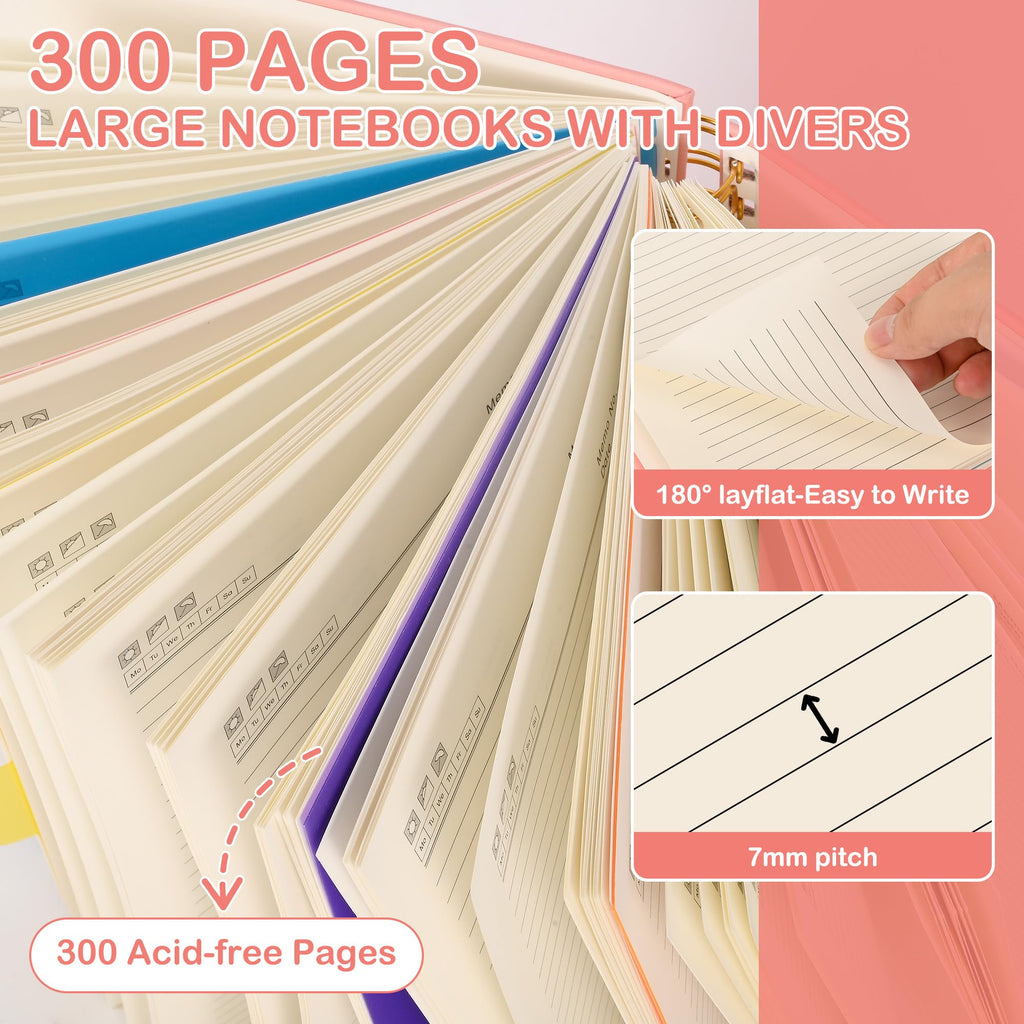 5 Subject Notebook with Removable Dividers Tabs, 300 Pages Leather Hardcover Spiral Notebook College Ruled, 8"x10" Large B5 Notebooks for Work School, Lined Journal for Women, Pink