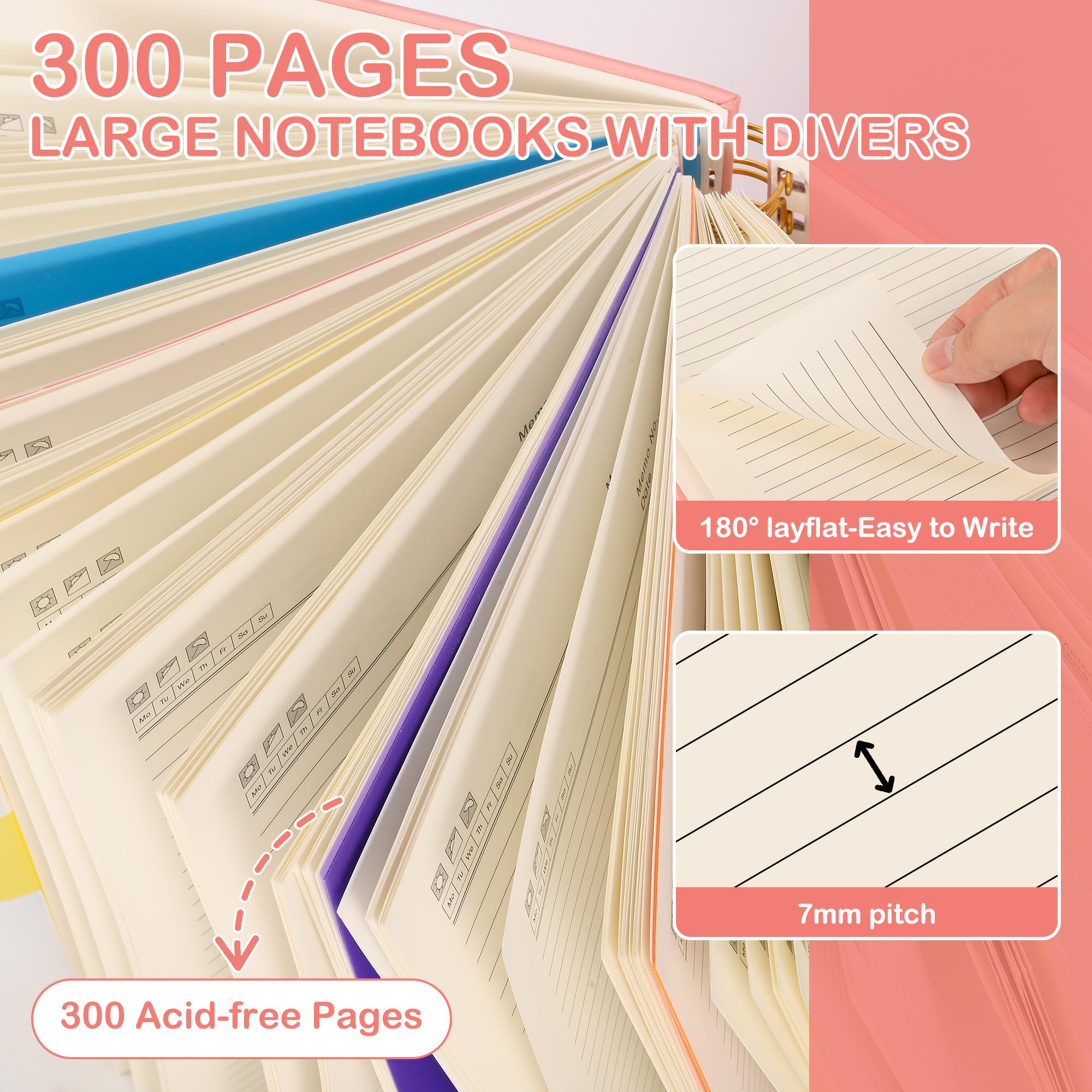 5 Subject Notebook with Removable Dividers Tabs, 300 Pages Leather Hardcover Spiral Notebook College Ruled, 8"x10" Large B5 Notebooks for Work School, Lined Journal for Women, Pink
