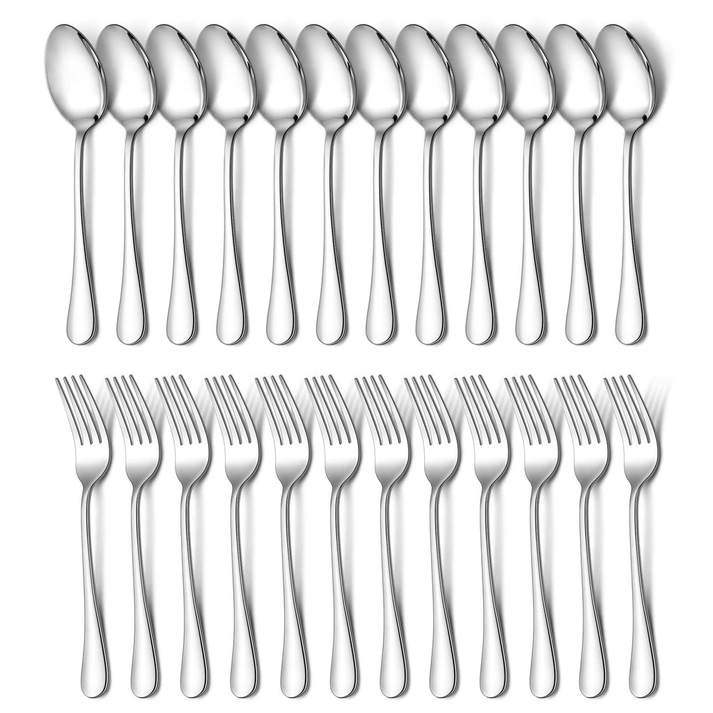 E-far 24-Piece Dinner Forks and Spoons, Stainless Steel Silverware Flatware Eating Utensils Set for Home Kitchen Restaurant, Food Grade Metal & Simple Design, Mirror Finish & Dishwasher Safe, 8 Inch