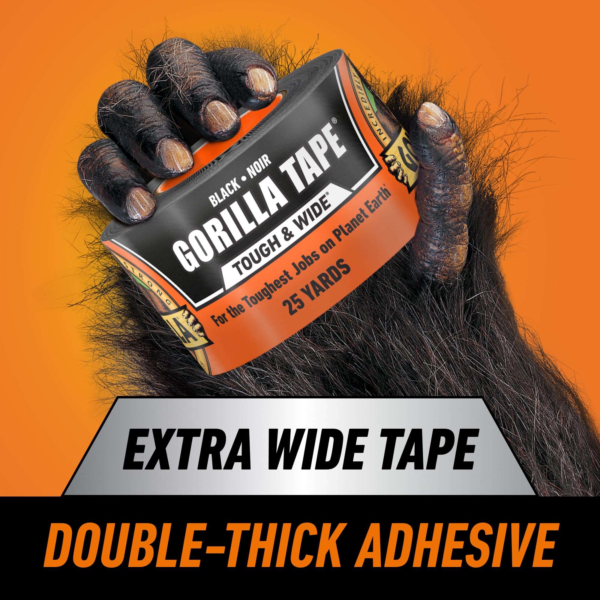 Gorilla Tough & Wide Utility Tape, Duct Tape, Double-Thick Adhesive, All Weather Resistant Shell, Reinforced Backing, Black, 2.8 in x 25 yd (Pack of 1)