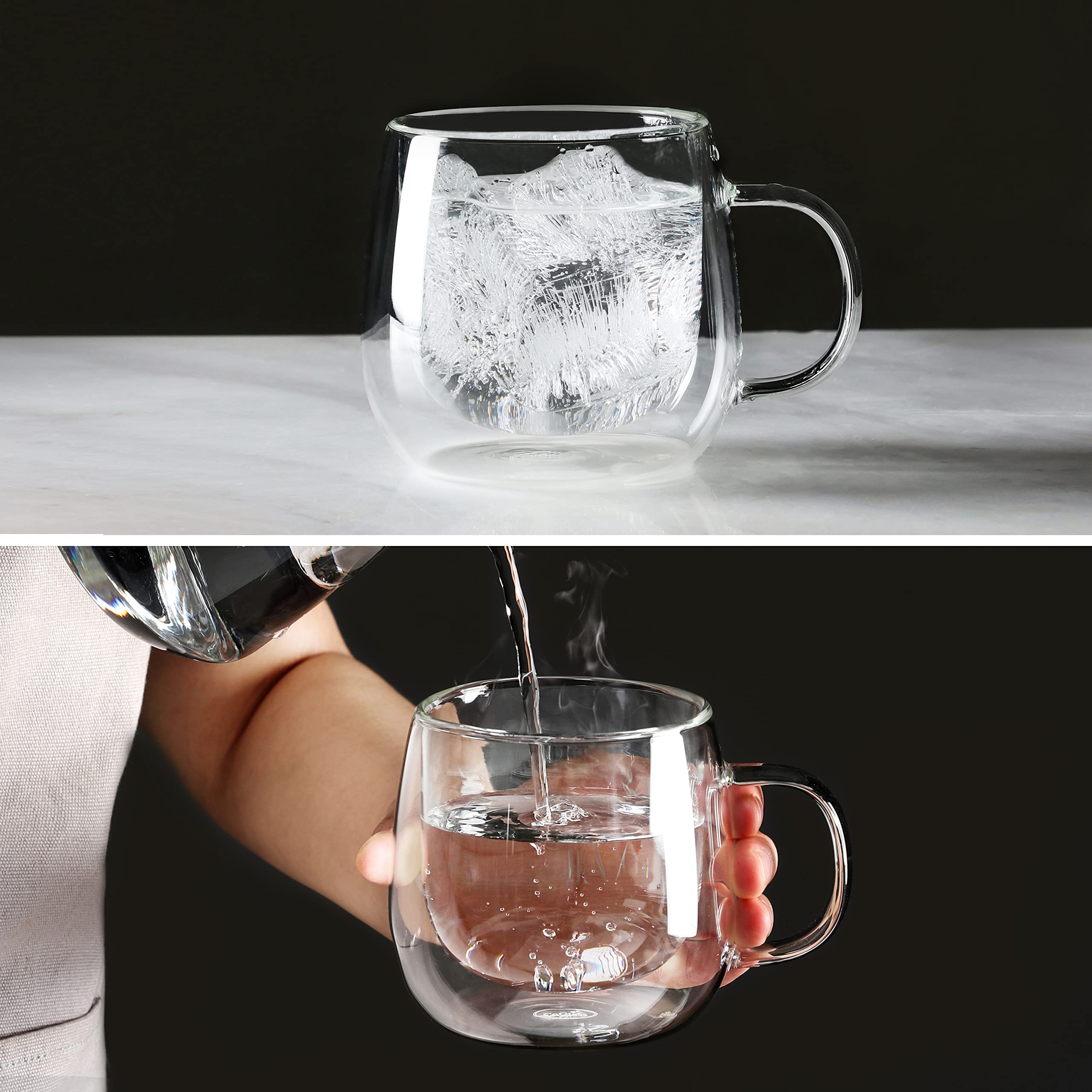 CNGLASS 16oz Double Walled Glass Coffee Mugs(2-Pack),Large Clear Coffee Cups with Handle,Glass Espresso Mugs for Latte,Cappuccino,Tea