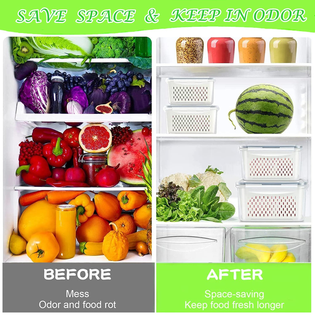Fresh Food Storage Containers, 4 Pack Large Capacity Produce Saver Box with Drain Baskets & Lid for Vegetable and Fruit - BPA Free Stackable Refrigerator Organizer for Kitchen (0.8L+1.7L+3.15L+4.15L)