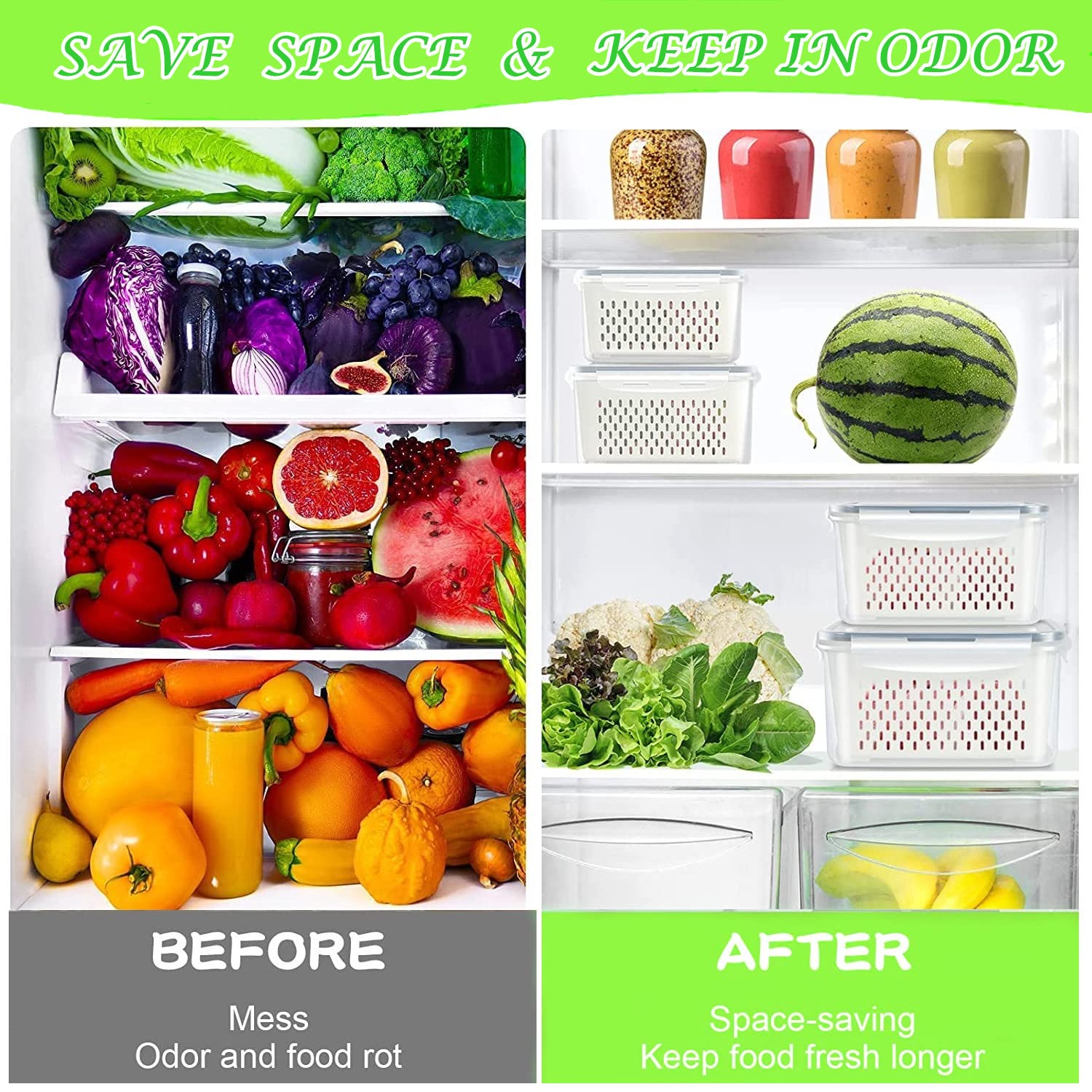 Fresh Food Storage Containers, 4 Pack Large Capacity Produce Saver Box with Drain Baskets & Lid for Vegetable and Fruit - BPA Free Stackable Refrigerator Organizer for Kitchen (0.8L+1.7L+3.15L+4.15L)
