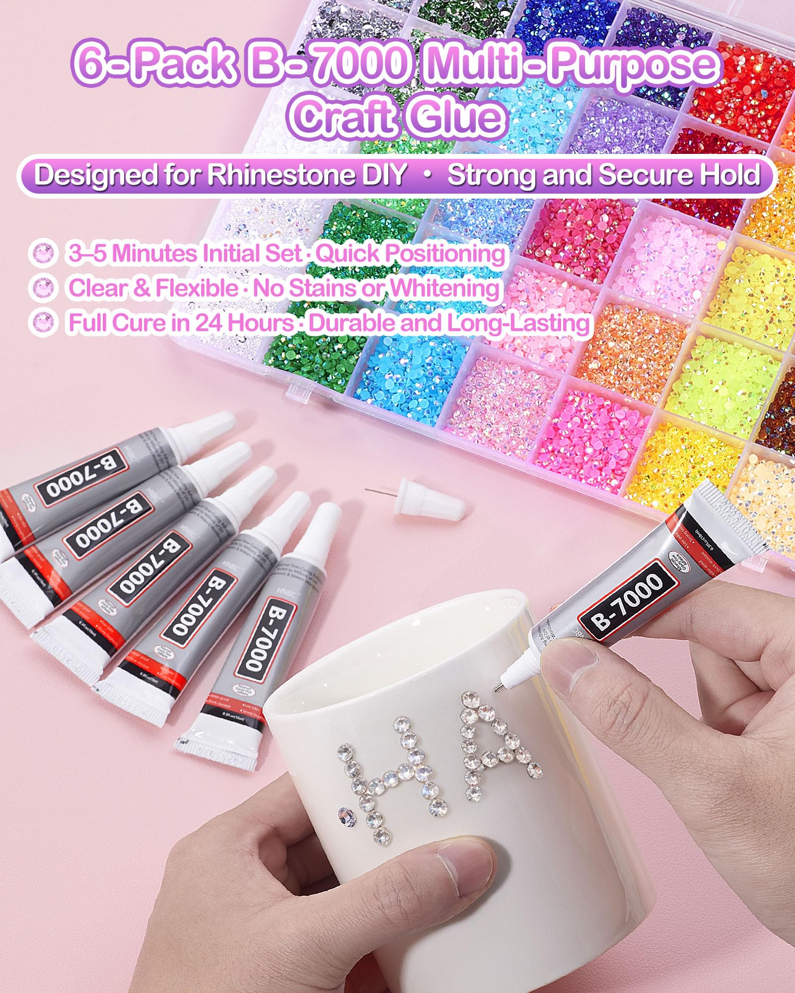 62,000pcs/64-Cells Bedazzling Kit, with 32,000pcs 3mm Nail Rhinestones in 40Colors for Bedazzling & 30,000pcs Clear Flatback Nail gems,6 Bottles B7000 Jewelry Glue, 2 Tweezers & 2 Dotting Pens