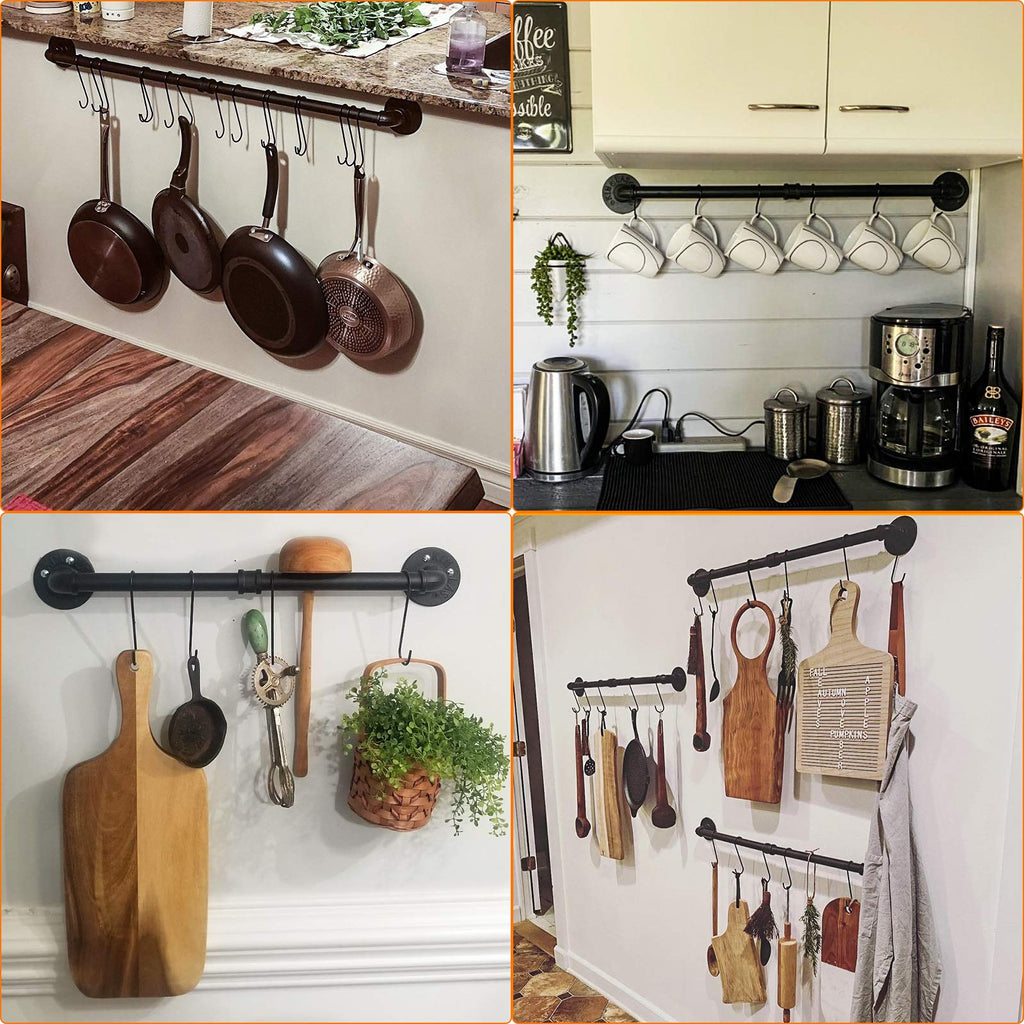 Toplife 80 cm/31.5 Inches Pot Rack, Kitchen Wall Mounted Detachable Pan Lid Utensils Organizer Hanging Rail with 14 Hooks, Black