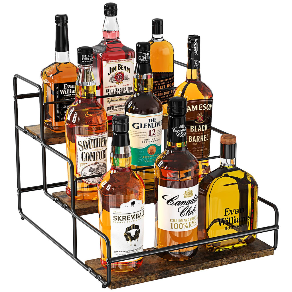 Nuovoware Liquor Bottle Display Shelf, 3 Step Wine Rack Countertop Liquor Shelf, Mini Bar Liquor Cabinet Kitchen Coffee Bar Shelf Stand for Whiskey, Black