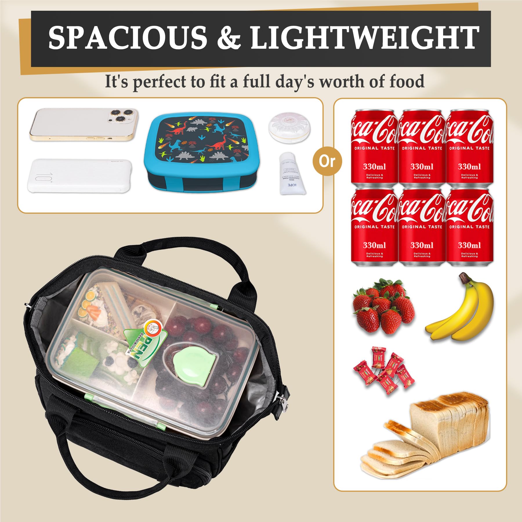 Black Lunch Bags for Women, Sac a Lunch Femme High Capacity Insulated Lunch Box for Work, Portable Lightweight Soft Cooler for Picnic Travel Road Trips