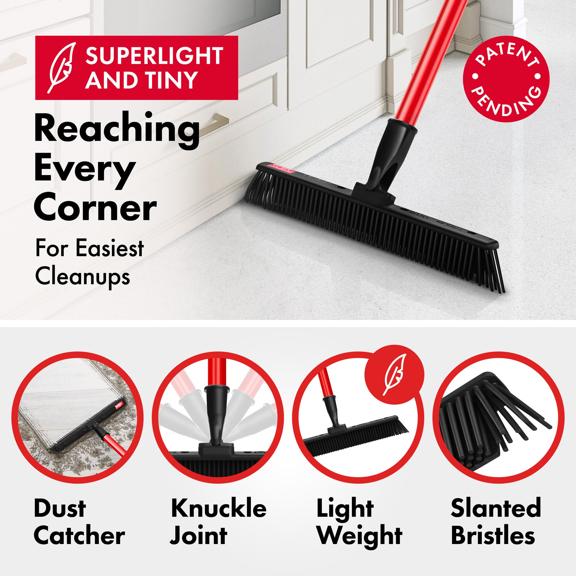 Tyroler Japanese Silicone Broom | 30cm Head | 140cm Aluminium Anti-Rust 4-Part Handle | Perfect Pet Hair Removal Broom for Patio, Hardwood Floors, Carpet Rake, Decks (Black - Rubber)