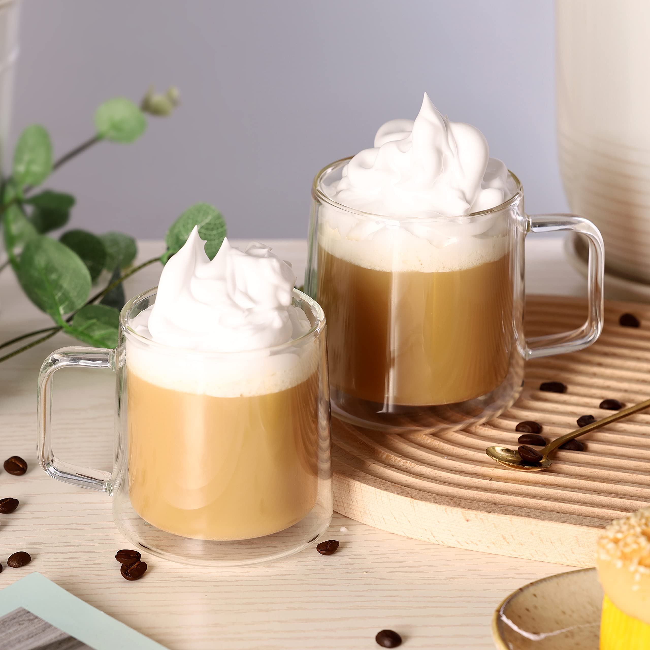 CNGLASS 10oz Glass Coffee Mugs,Double Wall Insulated Glass Cups with Handle,Clear Espresso Mugs for Latte,Cappuccino,Tea Bag,Set of 2