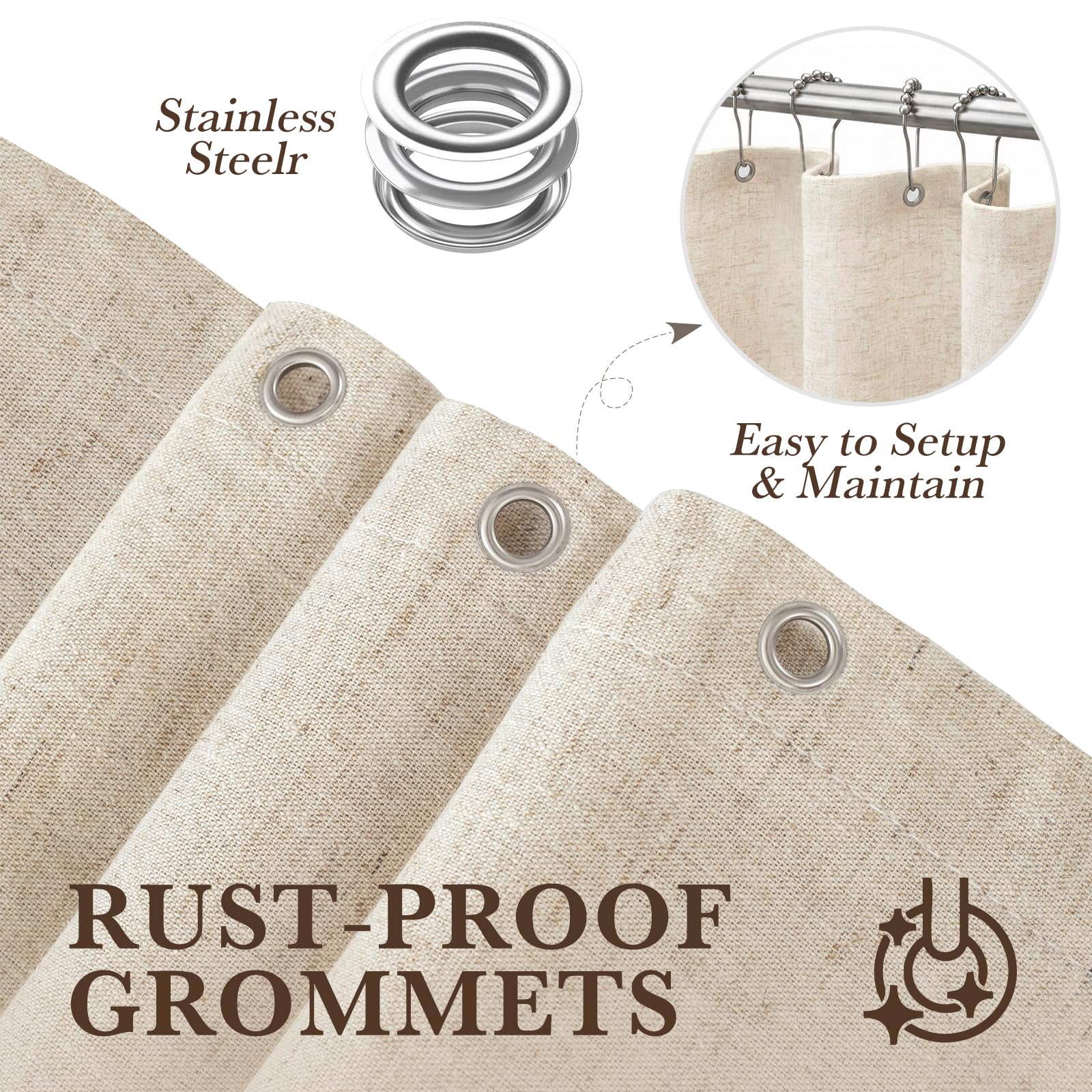 Linen Shower Curtain Beige 72x72 Inches, Rustic Farmhouse Fabric Shower Curtain Waterproof for Bathroom with Hooks Heavy Duty (Natural)