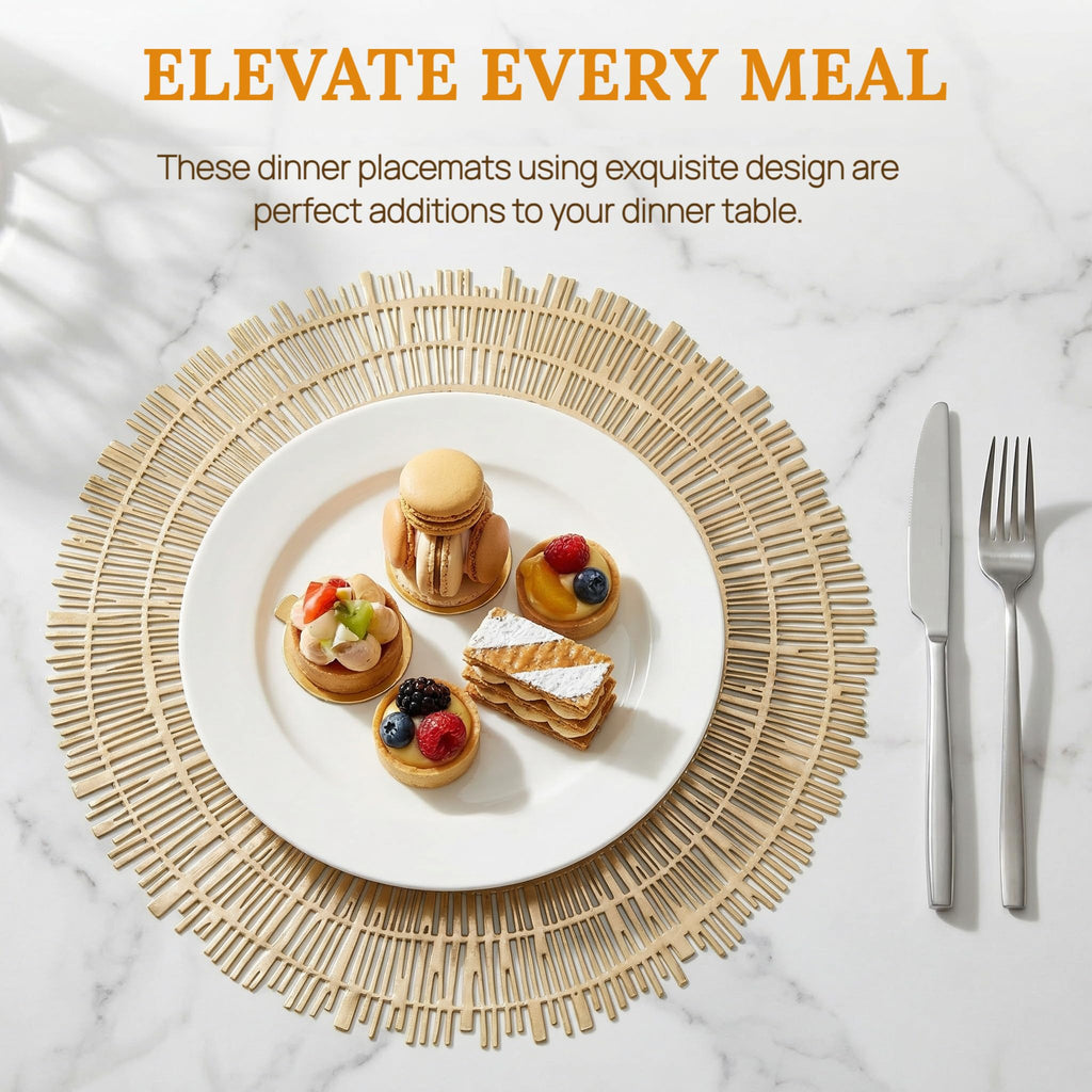 Pumtus 12 Pack 15 Inch Gold Round Placemats, Pressed Vinyl Metallic Place Mat, Non-Slip Hollow Out Dinning Table Mats for Table Decor, Wedding Accent Centerpiece, Christmas, Kitchen Decoration