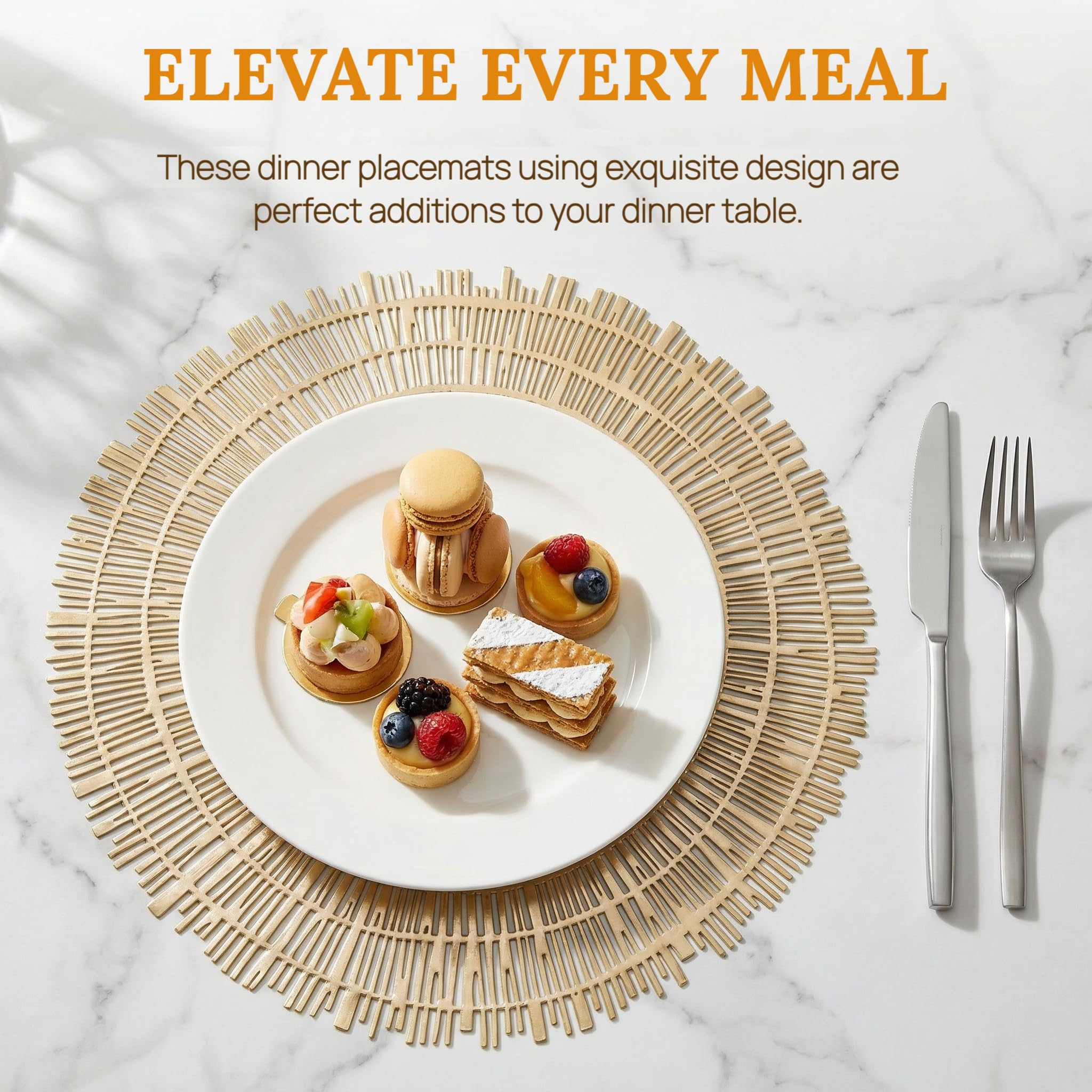 Pumtus 12 Pack 15 Inch Gold Round Placemats, Pressed Vinyl Metallic Place Mat, Non-Slip Hollow Out Dinning Table Mats for Table Decor, Wedding Accent Centerpiece, Christmas, Kitchen Decoration