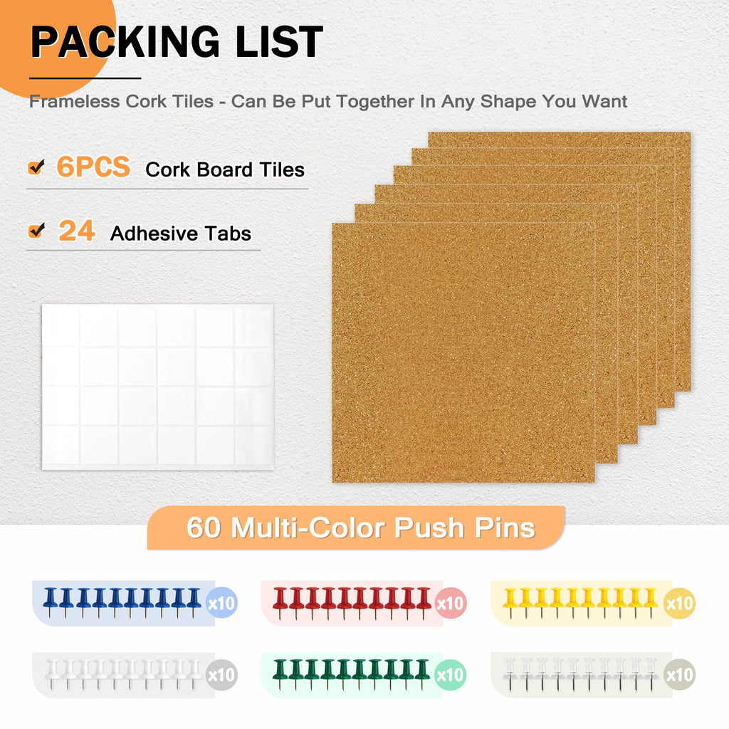 AMUSIGHT Cork Board Tiles, 6 Packs 12" x 12" 1/2" Thick Cork Bulletin Board Pin Board Self Adhesive Cork Boards for Walls with 60 Pushpins for Home Office Kitchen School