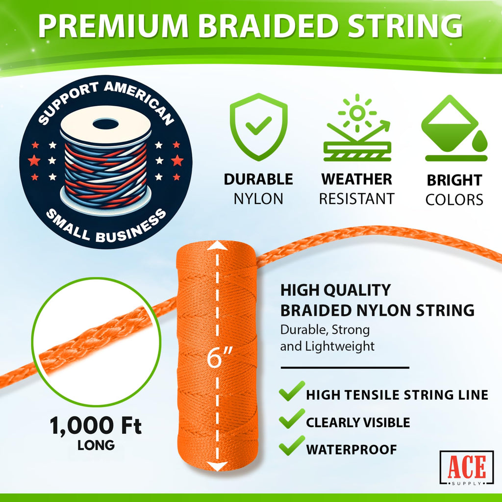 Orange Mason Line String Line - #18 Braided Nylon String - 1,000 Ft Length - Nylon Twine for Gardening Or Masonry Tools - Perfect Construction String for A String Level, Twine String for Gardening