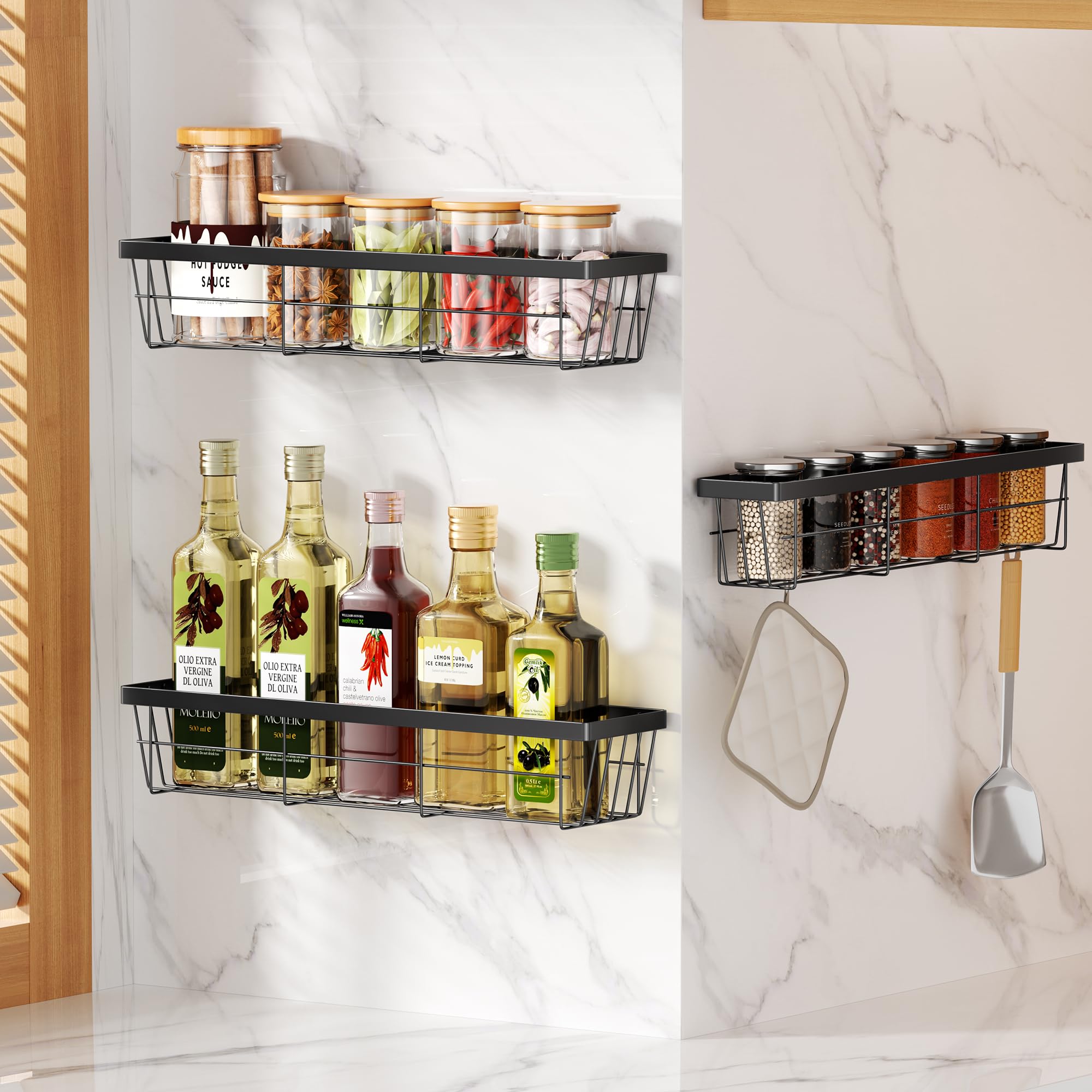 3 Pack Kitchen Cabinet Over the Door Organizer,3 Tier Spice Rack,Metal Pantry Organizers,Self Adhesive Kitchen Cabinet Organizer,Cabinet Door Storage Box for Bathroom/Kitchen/RVs. (Black)