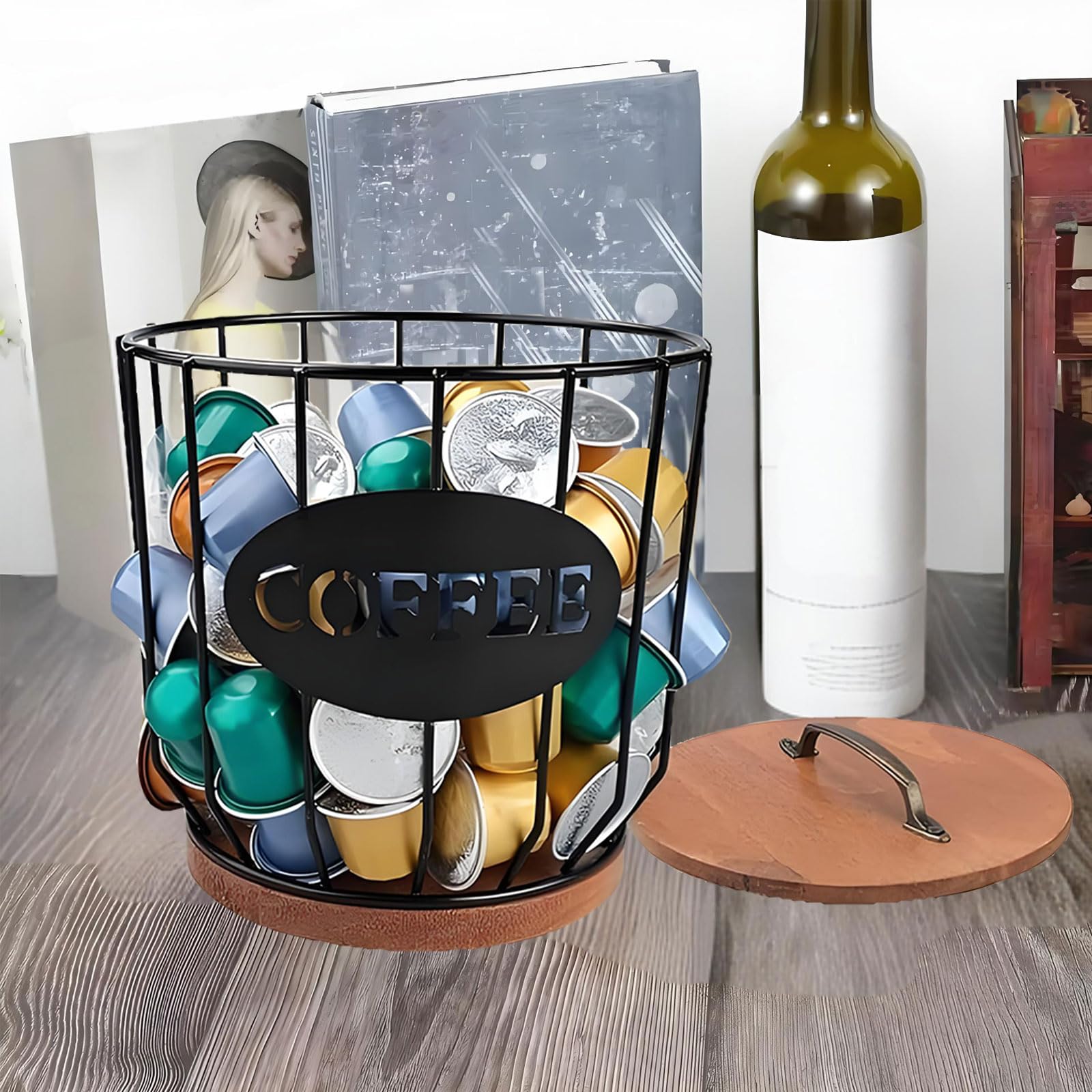 MYTOAU Coffee Pod Holder with Lid, Large Capacity K Cup Holder, Rustic Wooden Base, Black Wire Storage Basket for Kitchen Countertop, Coffee Bar Organizer