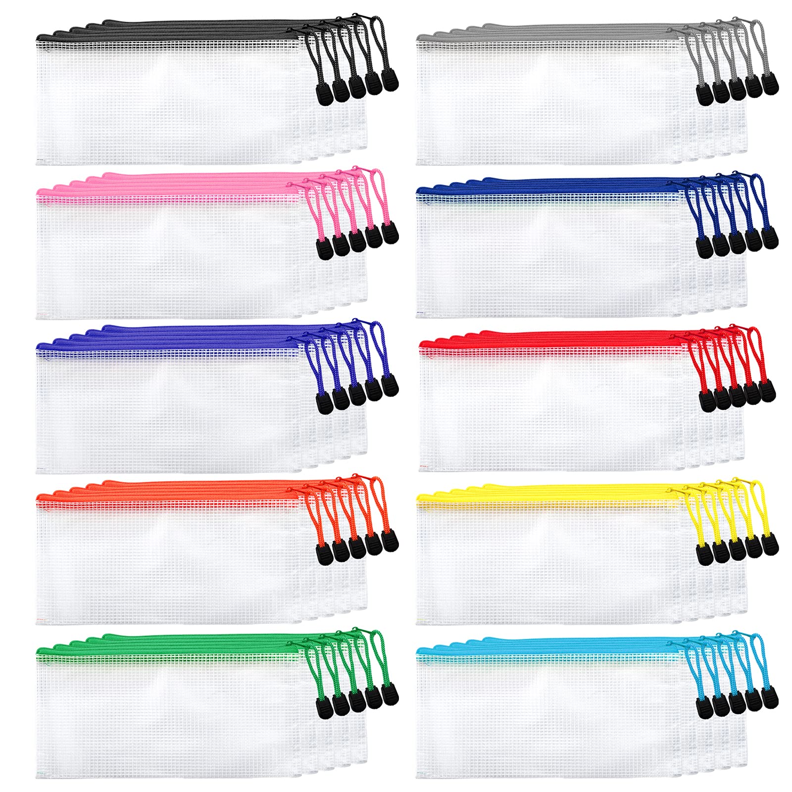 Hedume 50 Pack 10 Colors Zipper Mesh Pouch, A6 (9.1 x 4.7 inches) Zipper Pouch Waterproof Plastic Zip File Bags, for Bills, Cosmetics, Travel Storage and Office Supplies