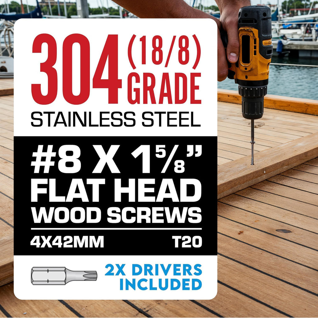 #8 x 1 5/8 Inch Stainless Steel Wood Screws | 304 Grade (100 Pack) | Flat Head T20 Star Torx Drive | Exterior Wood Screws by Eagle Claw Fasteners | Corrosion & Rust Resistant (Includes Driver Bit)