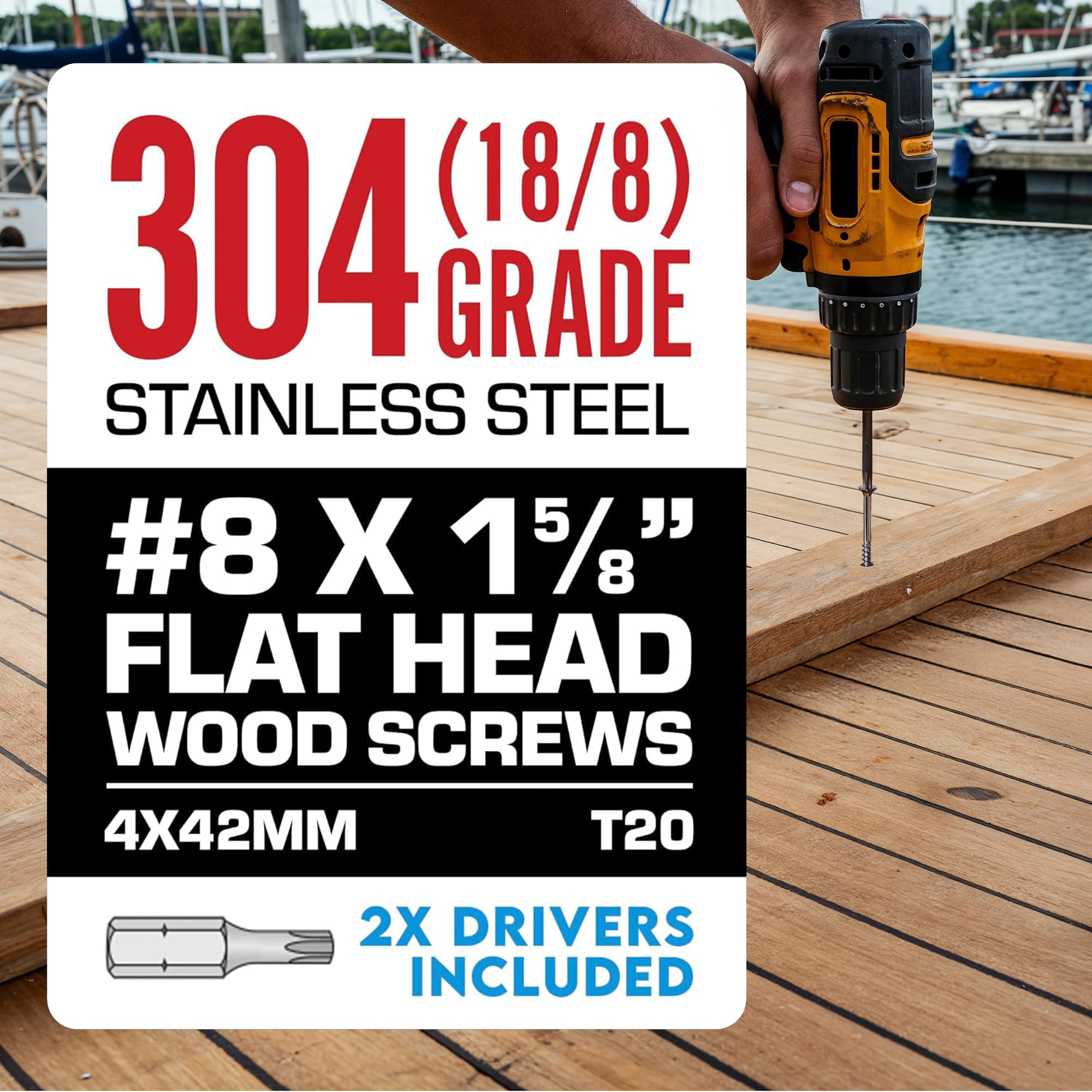 #8 x 1 5/8 Inch Stainless Steel Wood Screws | 304 Grade (100 Pack) | Flat Head T20 Star Torx Drive | Exterior Wood Screws by Eagle Claw Fasteners | Corrosion & Rust Resistant (Includes Driver Bit)