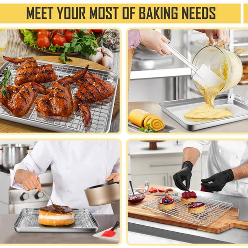 12.5 Inch Baking Pan with Rack Set, Joyfair Quarter Stainless Steel Toaster Oven Tray with Cooling Rack for Cookies/Meats/Bacon, Heavy Duty & Commercial Grade, Mirror Finish & Dishwasher Safe