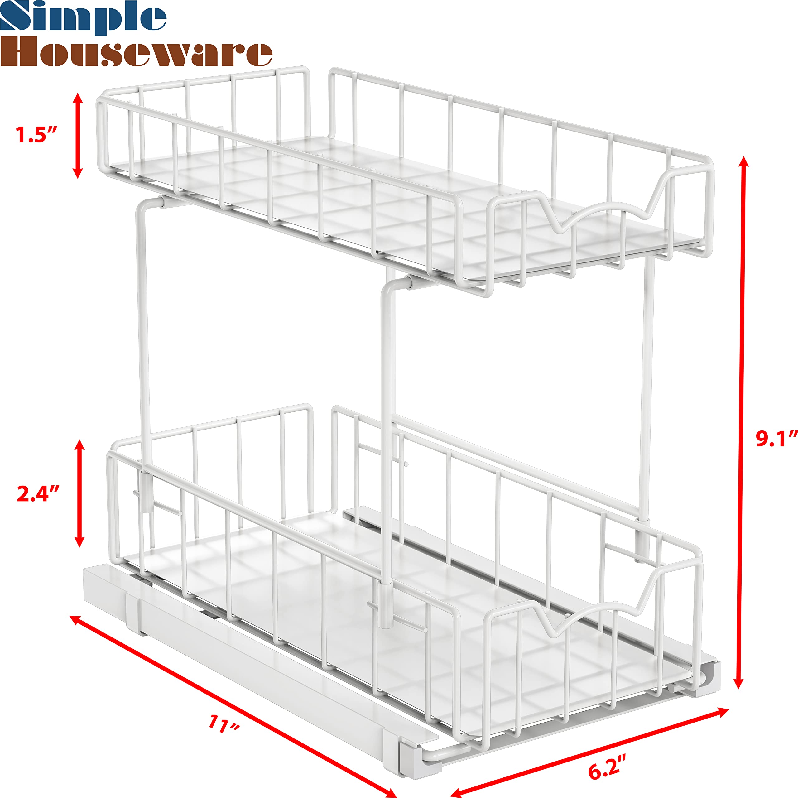 Simple Houseware 2-Tier Spice Rack Slide Out Wire Basket Drawer Organizer for Cupboard and Kitchen, White