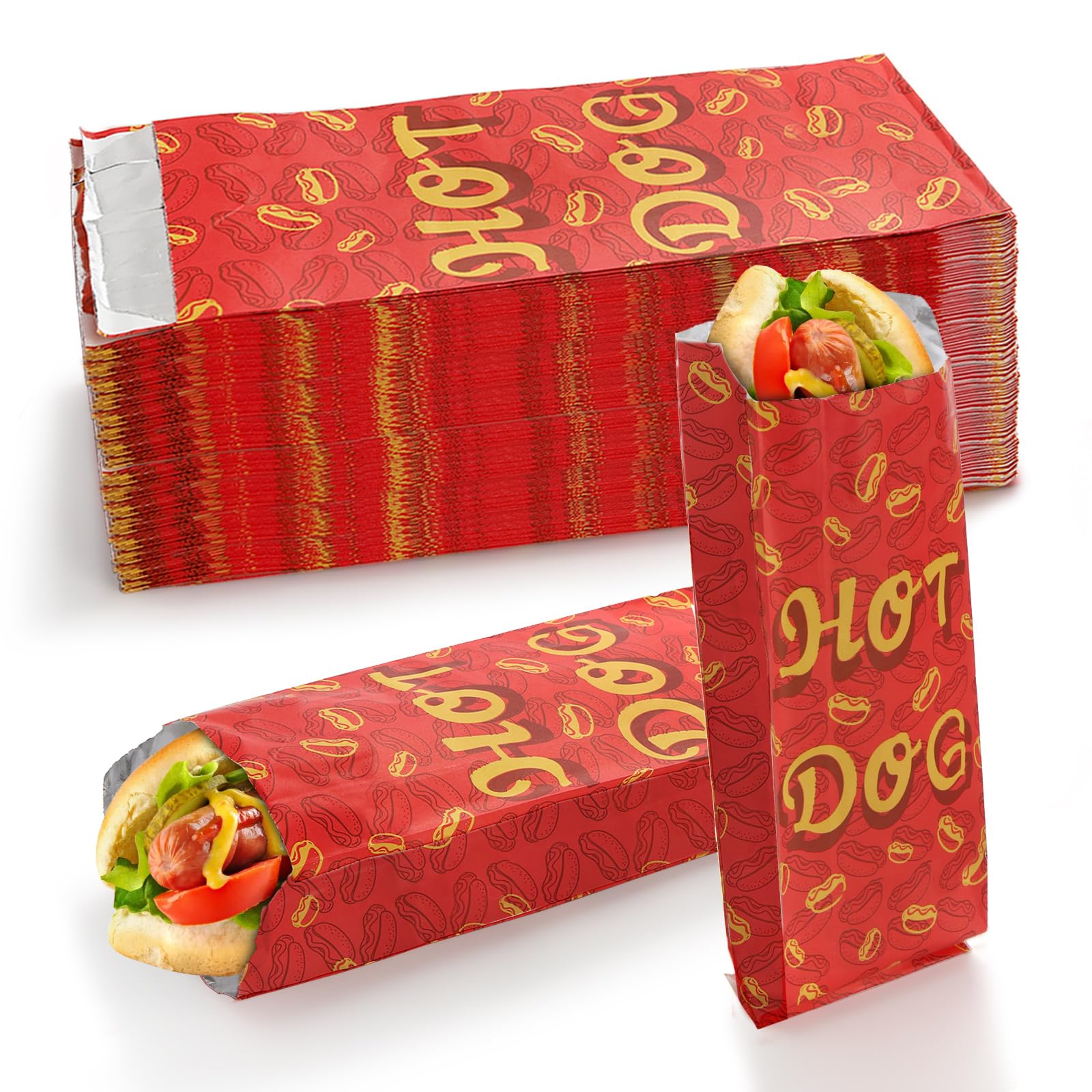 Yarlung 200 Pack Hot Dog Bags Grease-proof Food Wrapper, Warming Aluminum Foil Wrap Paper Sleeves Retain Heat for Popcorn, Sausages, Snack Bars, Food Trucks, Carnival, 9.5x3.5x1.5 Inches