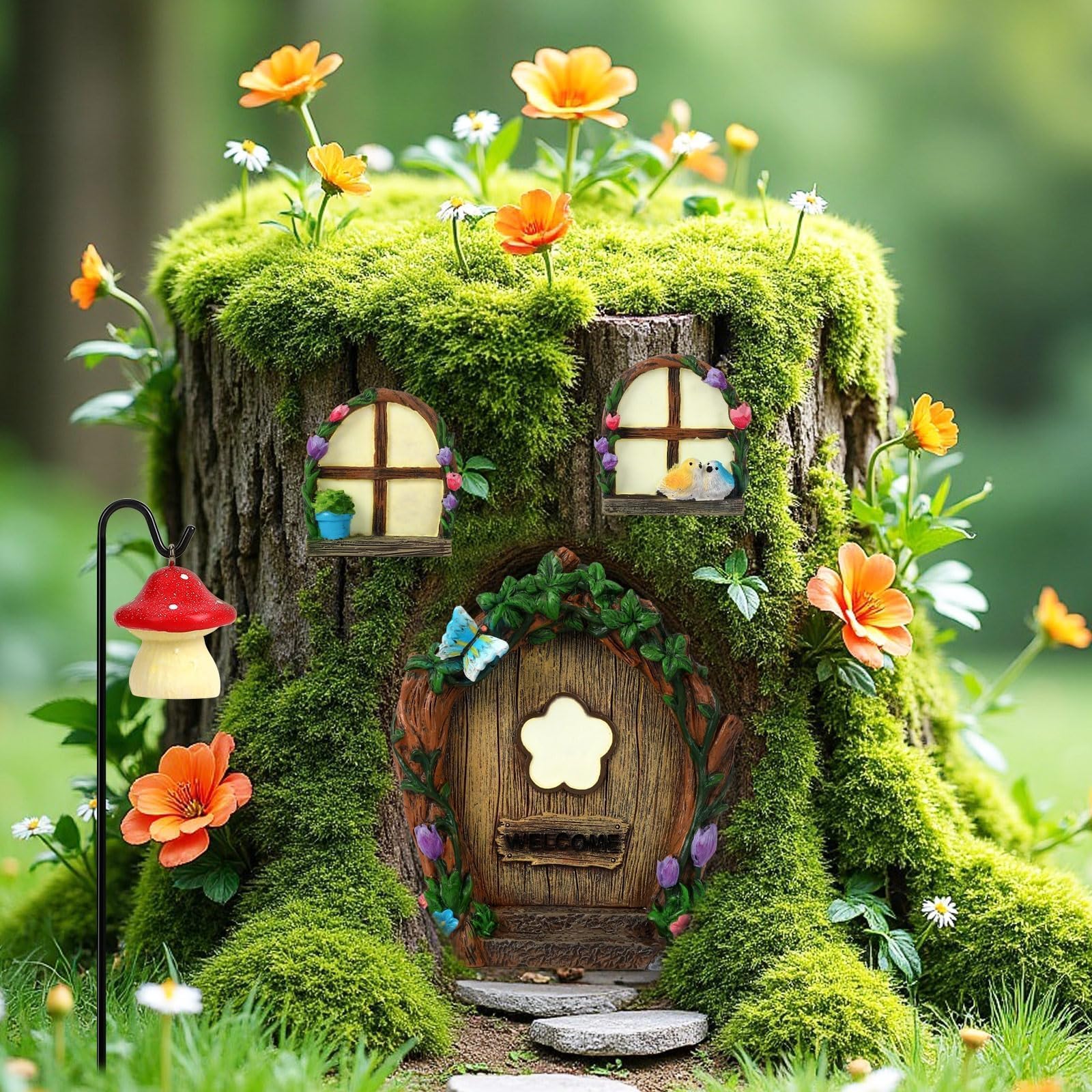 Augshy 4 Pcs Fairy Door Windows and Lantern for Trees Glow in The Dark, Fairy Doors for Trees Outdoor for Rooms Gnome Outdoor Courtyards Lawns Garden Decorations