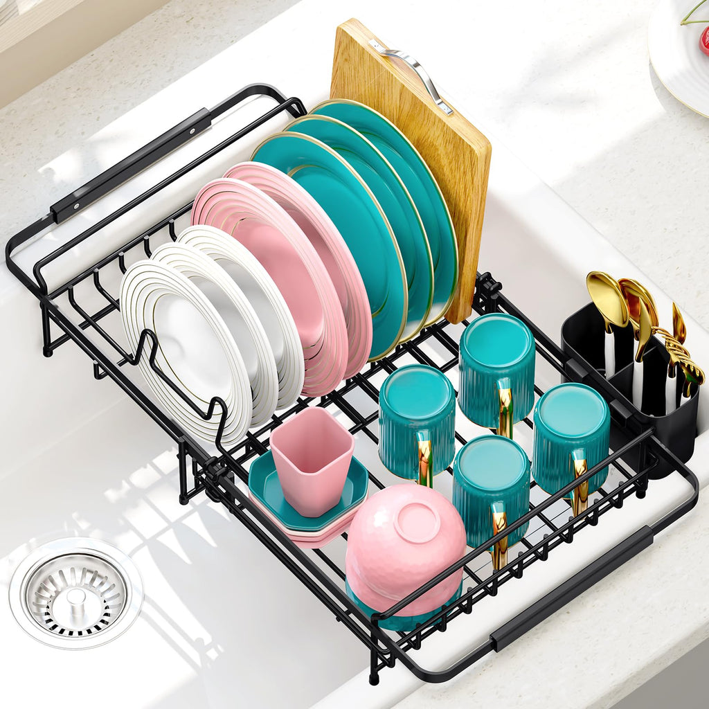 Urackify Expandable Dish Drying Rack Over The Sink, Adjustable Dish Rack in Sink, Rustproof Dish Drainer for Kitchen Counter, Dish Strainer with Utensil Holder