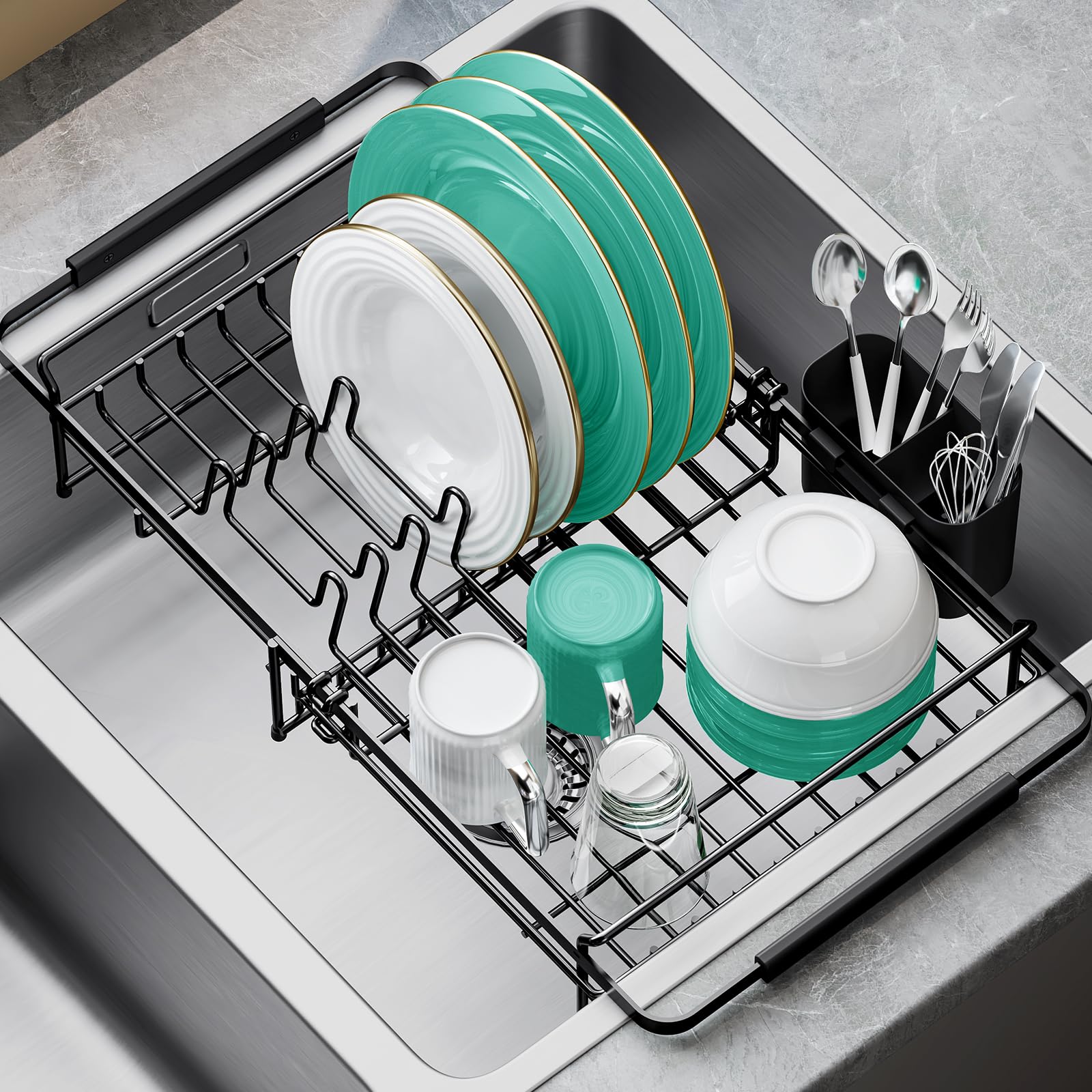 Expandable-Sink-Dish-Drying-Rack with Utensil Holder for Kitchen Counter, in Sink and Over The Sink, Rust Resistant, Black
