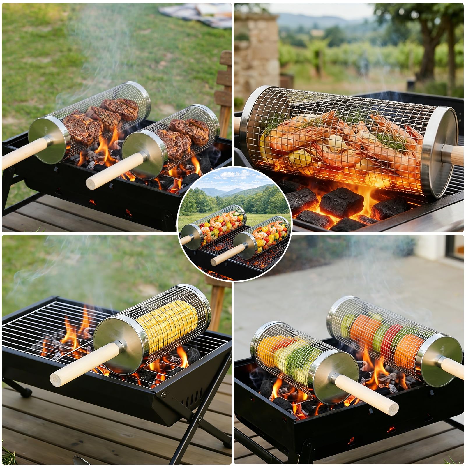 Fohil 2PCS Rolling Grill Baskets with Removable Wooden Handle, 304 Stainless Steel Rotating Grill Cage for BBQ Camping Outdoor, Grilling Basket for Vegetables, Shrimp, Meat, Gift for Men Dad, Husband