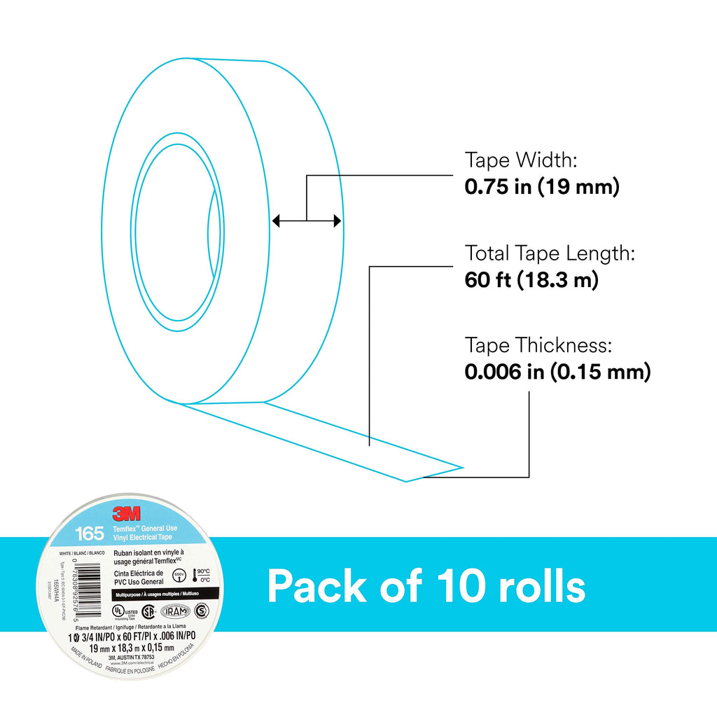 3M Temflex 165, Vinyl Colour Coding Electrical Tape, White, 3/4in x 60ft, 10 Rolls