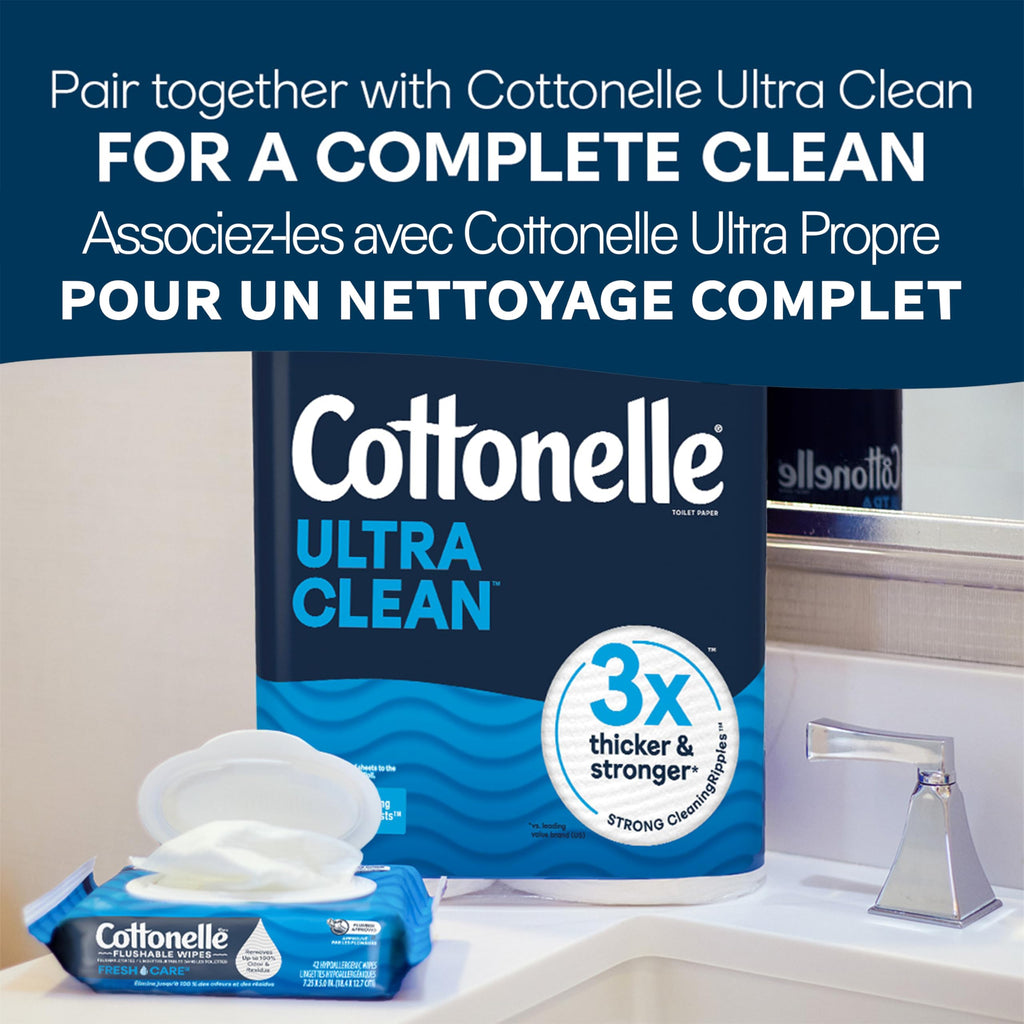 Flushable Wet Wipes; Cottonelle FreshCare; Biodegradable & Septic Safe; 8 Flip-Top Packs of 42 (336 Wipes)