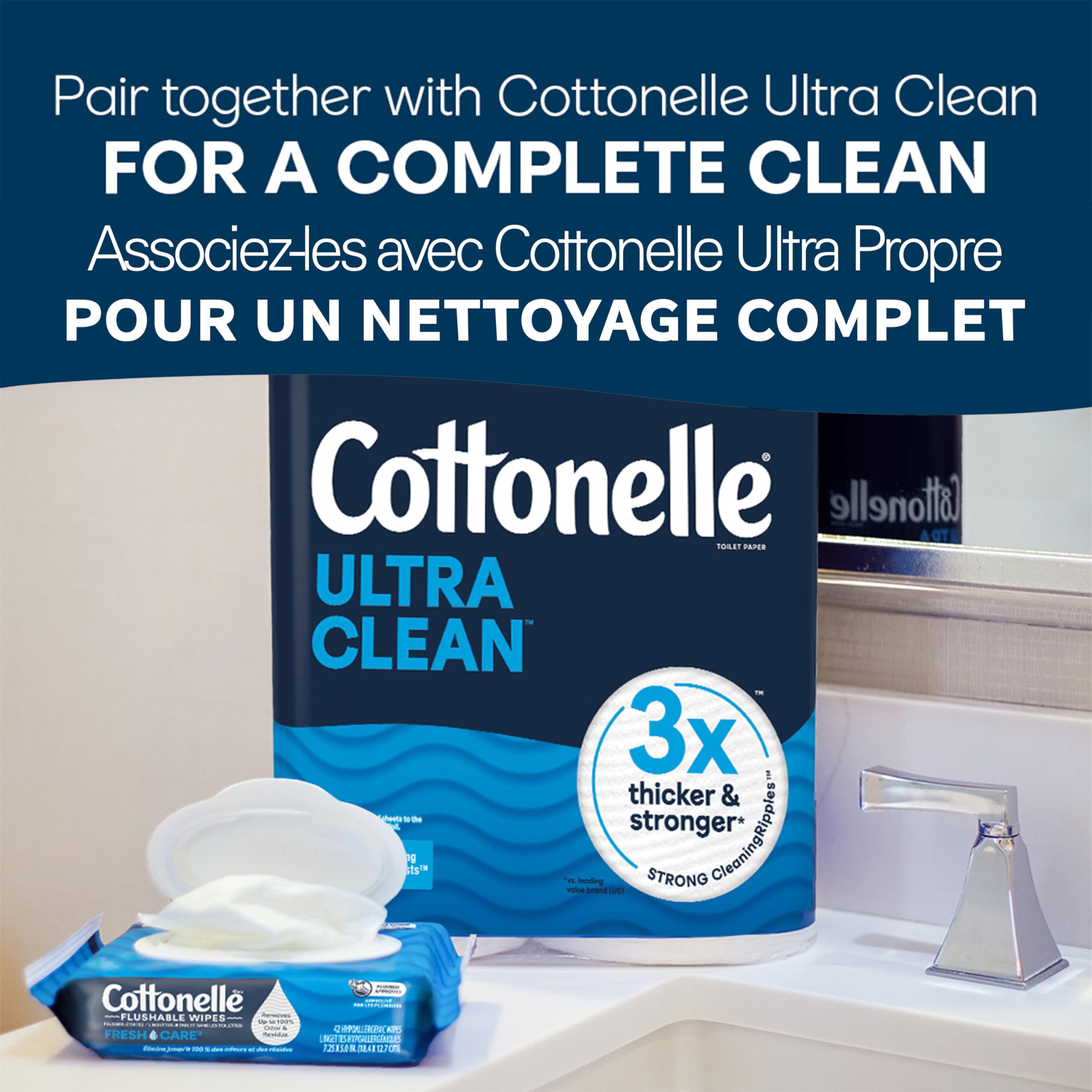 Flushable Wet Wipes; Cottonelle FreshCare; Biodegradable & Septic Safe; 8 Flip-Top Packs of 42 (336 Wipes)