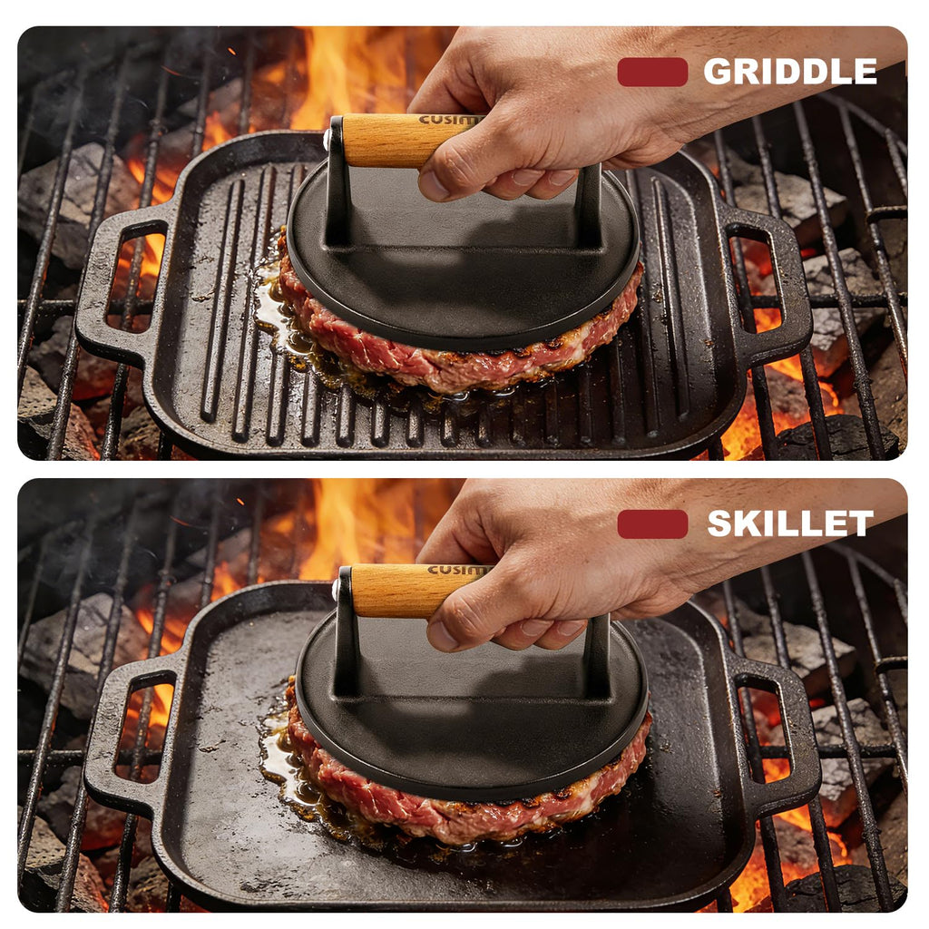 CUSIMAX Smashed Burger Press Cast Iron, 6.3" Heavy-Duty Burger Smasher with Wood Grip, Round Flat Grill Press for Smash Burgers, Meats, Bacon, Burger Smasher Tool for Grill&Griddle Accessories