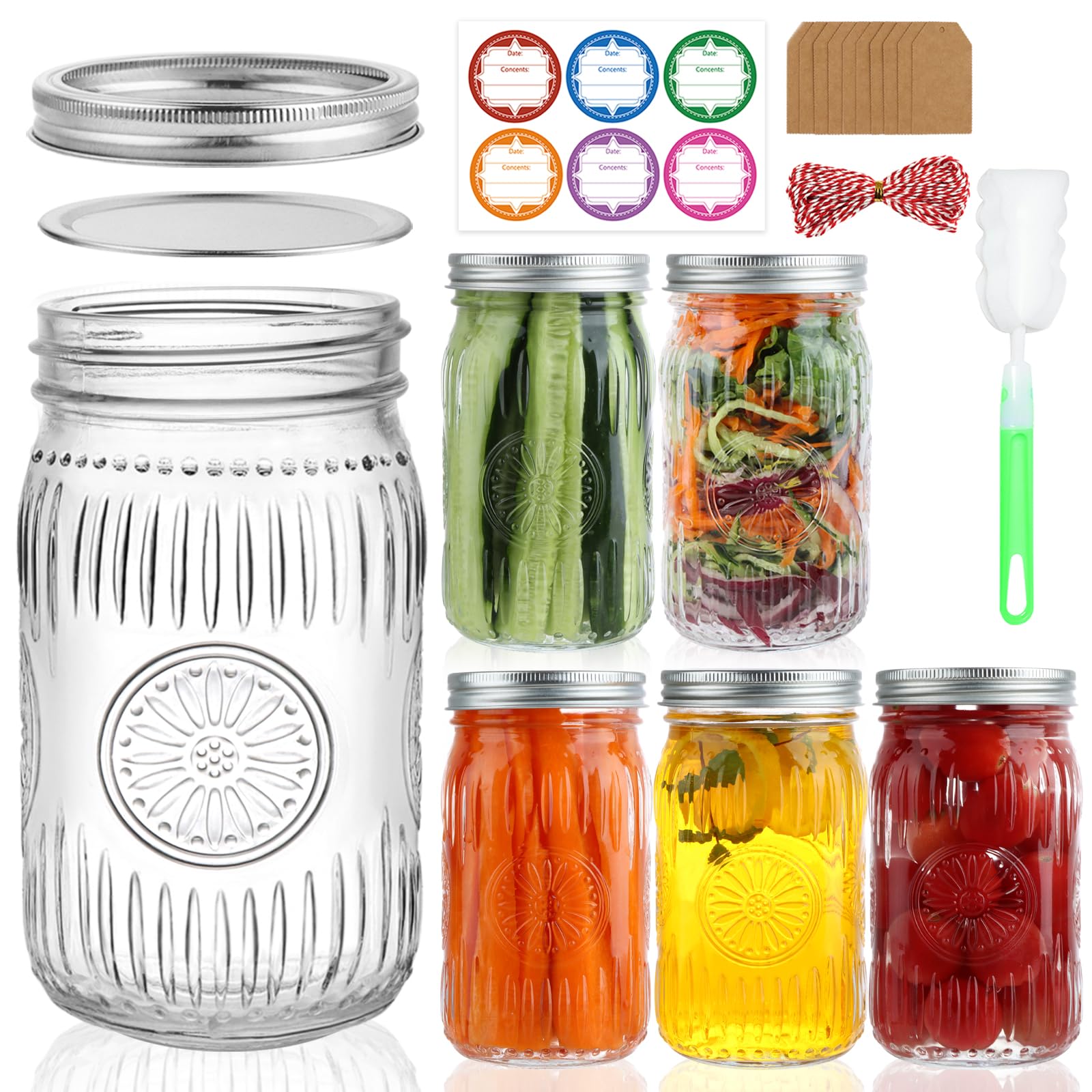 HAYHOI 32 oz Wide Mouth Mason Jars with Lids and Bands, 6 Pack Quart Canning Jars, Embossed Glass Mason Jars for Centerpieces, Preserving, Pickling, Meal Prep, Jam, DIY Crafts