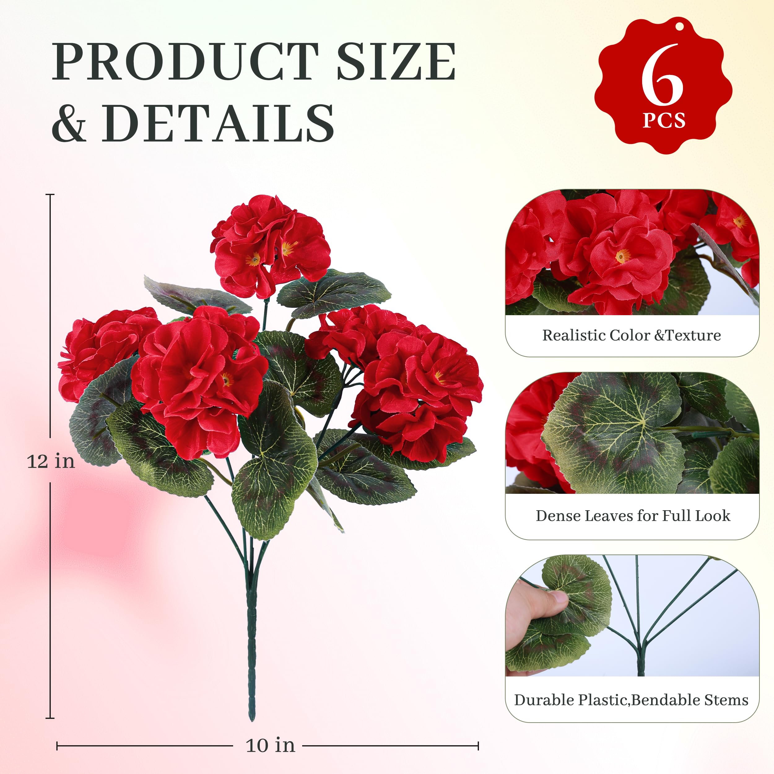 Der Rose 6 Pack Red Artificial Flowers Geraniums for Outdoors Fake Outdoor Flowers UV Resistant for Window Box Porch Patio Garden Decor