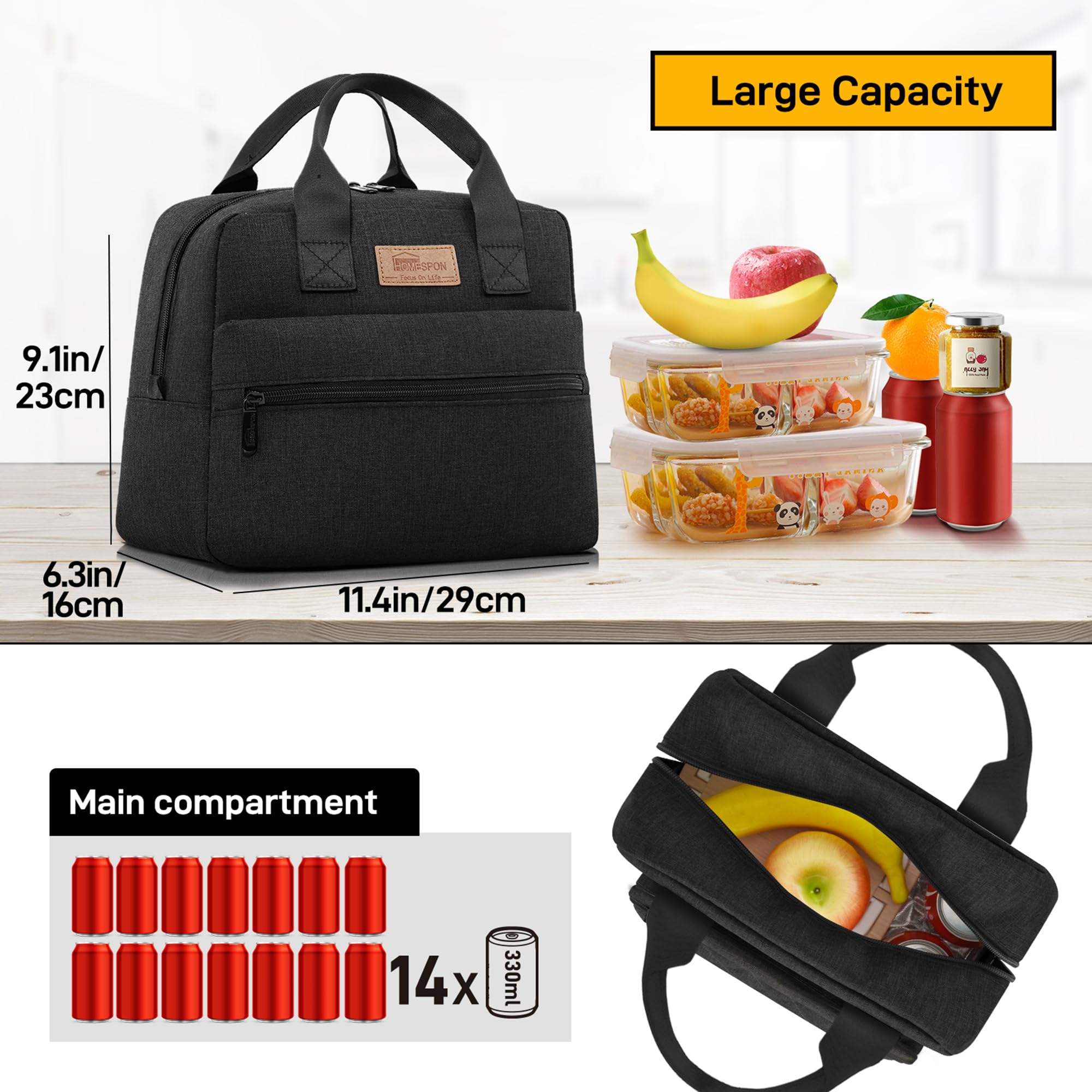 HOMESPON Insulated Lunch Bag Lunch Box Cooler Tote Box Cooler Bag Lunch Container for Women/Men/Work/Picnic,Large Black