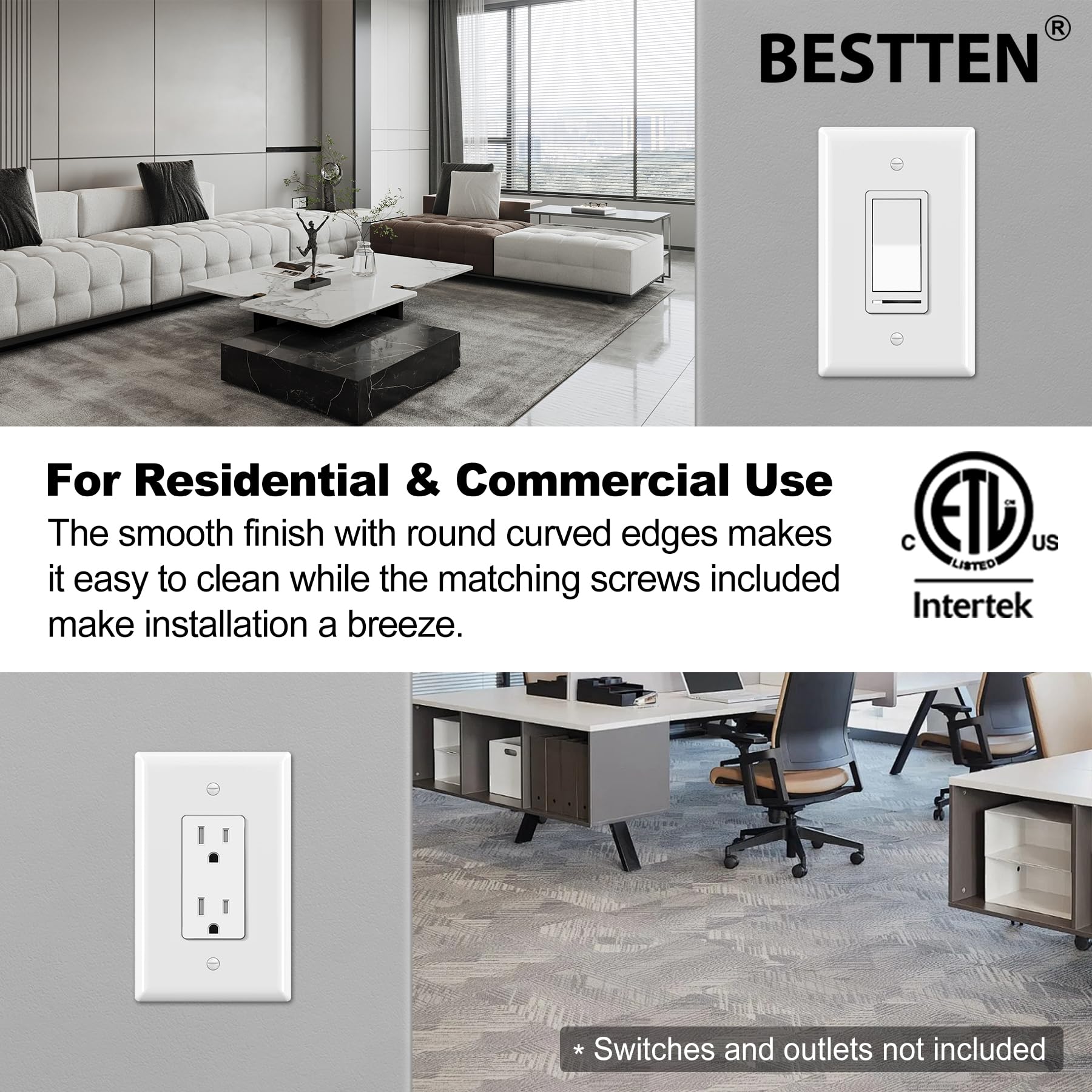 BESTTEN 10 Pack 1-Gang Oversize Decorator Wall Plate, Jumbo Decor Receptacle Outlet Cover, Unbreakable Polycarbonate Oversized Light Switch Cover, cETL Listed Single Large Faceplate, White
