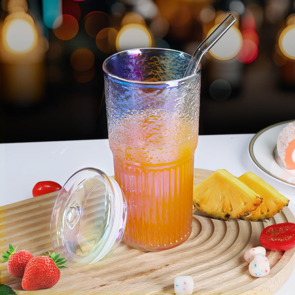 Joeyan 22 oz Iridescent Glass Tumbler with Straw and Lid for Iced Tea Coffee Smoothie Water Juice Beverages Soda,Ribbed Glasses Cups,Borosilicate Drinking Jar,Set of 2