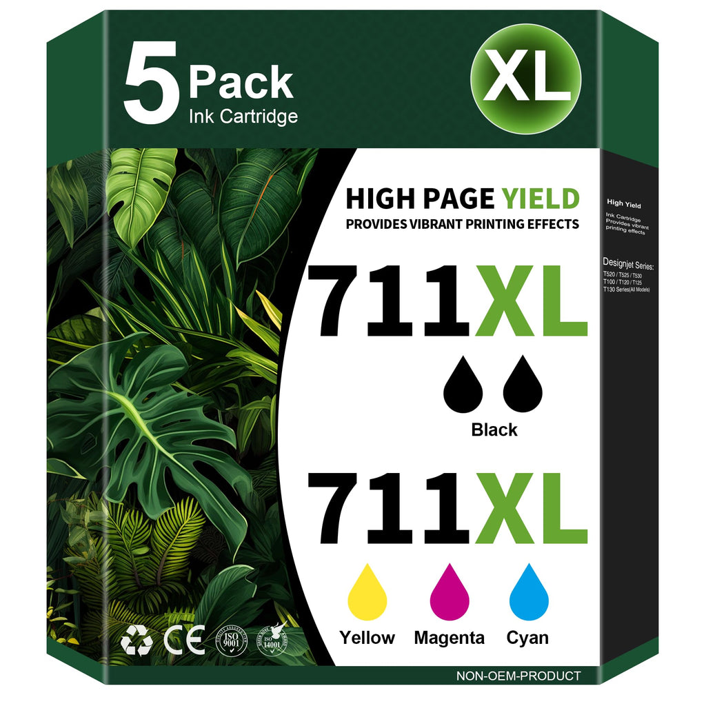 Jettruemedia 711XL Ink Cartridges High Yield Compatible Replacement for HP 711 Ink Cartridge 711XL Black use with HP Designjet T520 T120 T520 24-in T520 36-in Printers (5-Pack, 2 Black/C/M/Y)