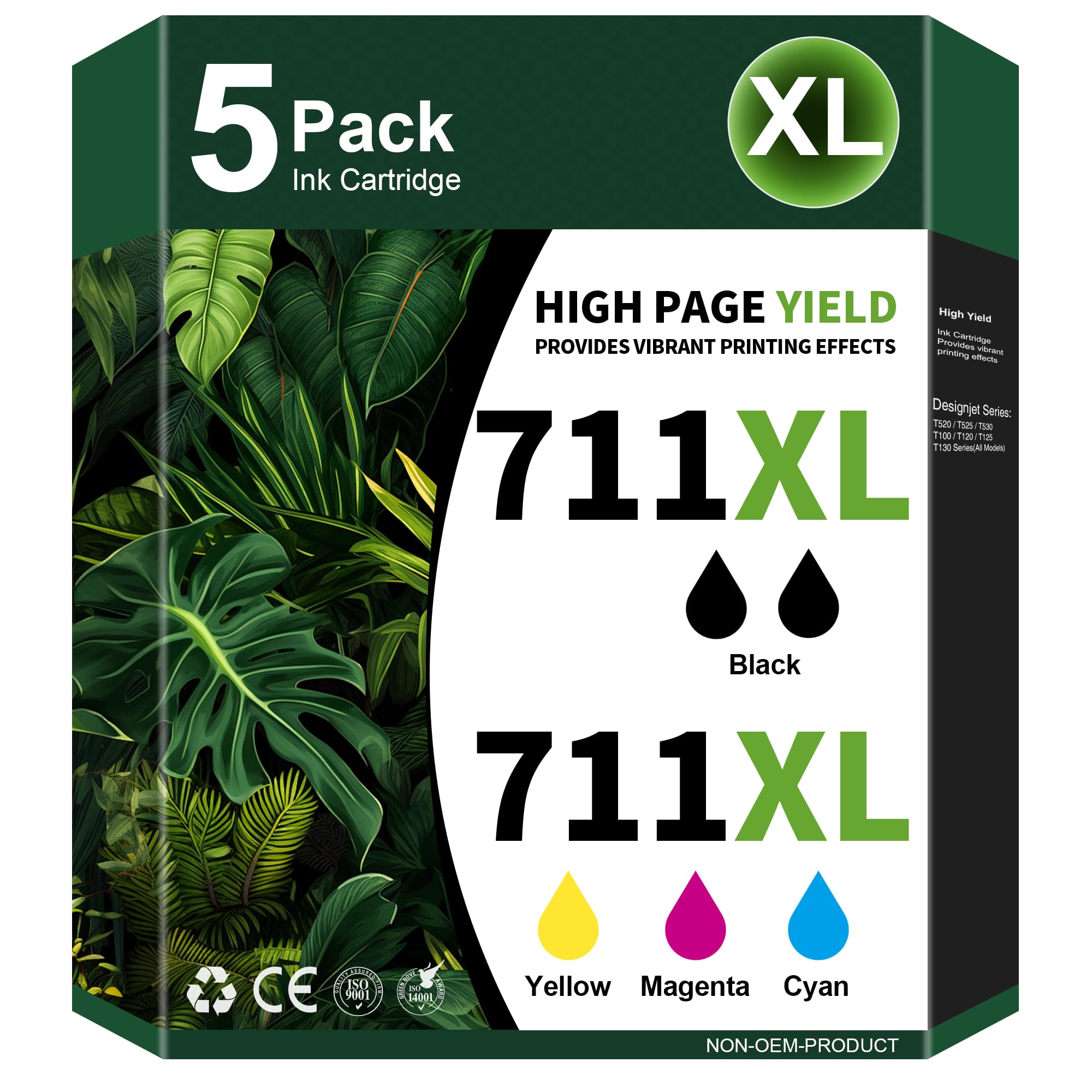 Jettruemedia 711XL Ink Cartridges High Yield Compatible Replacement for HP 711 Ink Cartridge 711XL Black use with HP Designjet T520 T120 T520 24-in T520 36-in Printers (5-Pack, 2 Black/C/M/Y)