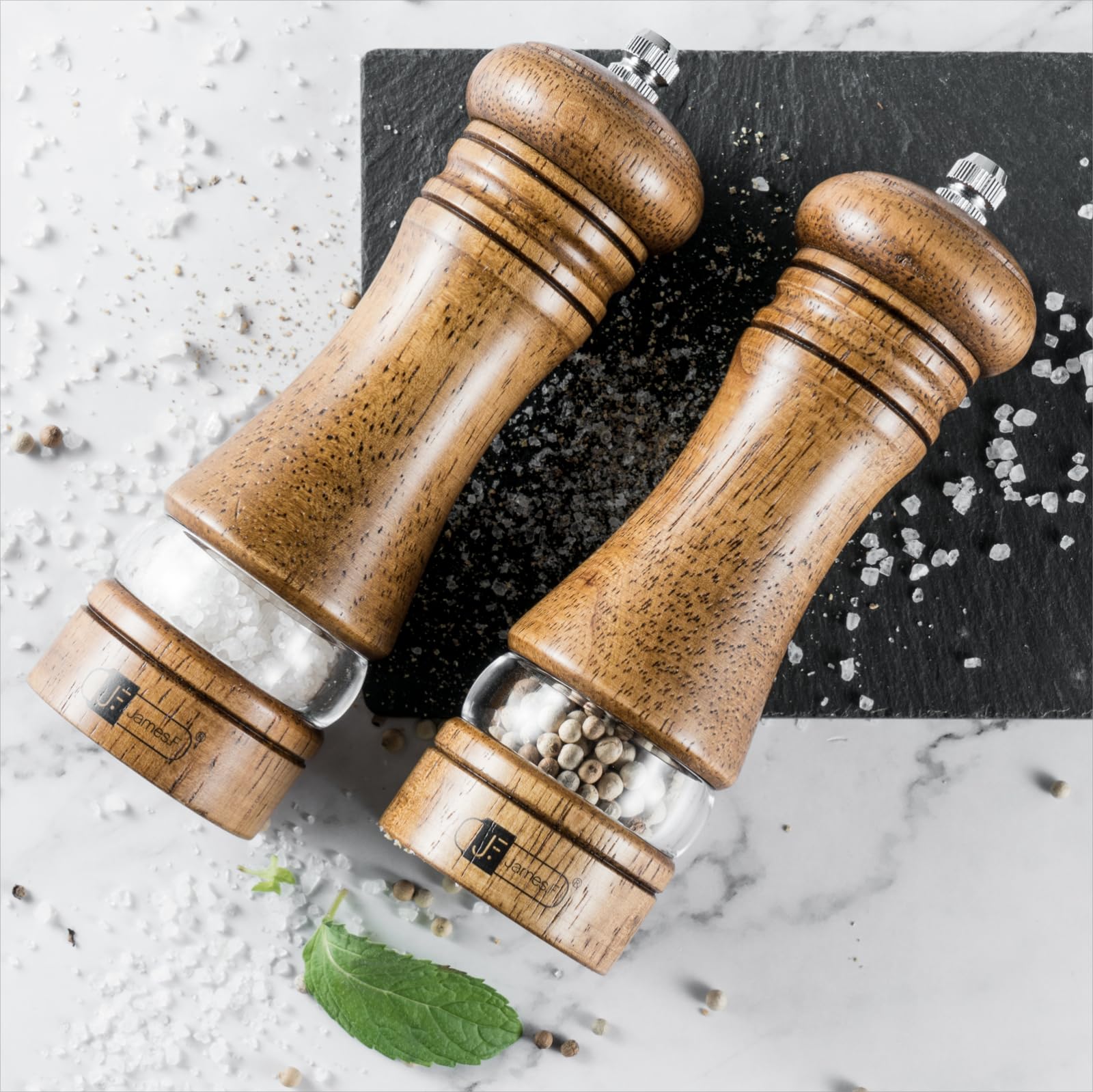 JF JAMES.F Wooden Salt and Pepper Grinder Set, 6.5 inch Rubber Wood Salt and Pepper Mills Set of 2 with Acrylic Visible Window & Adjustable Ceramic Rotor