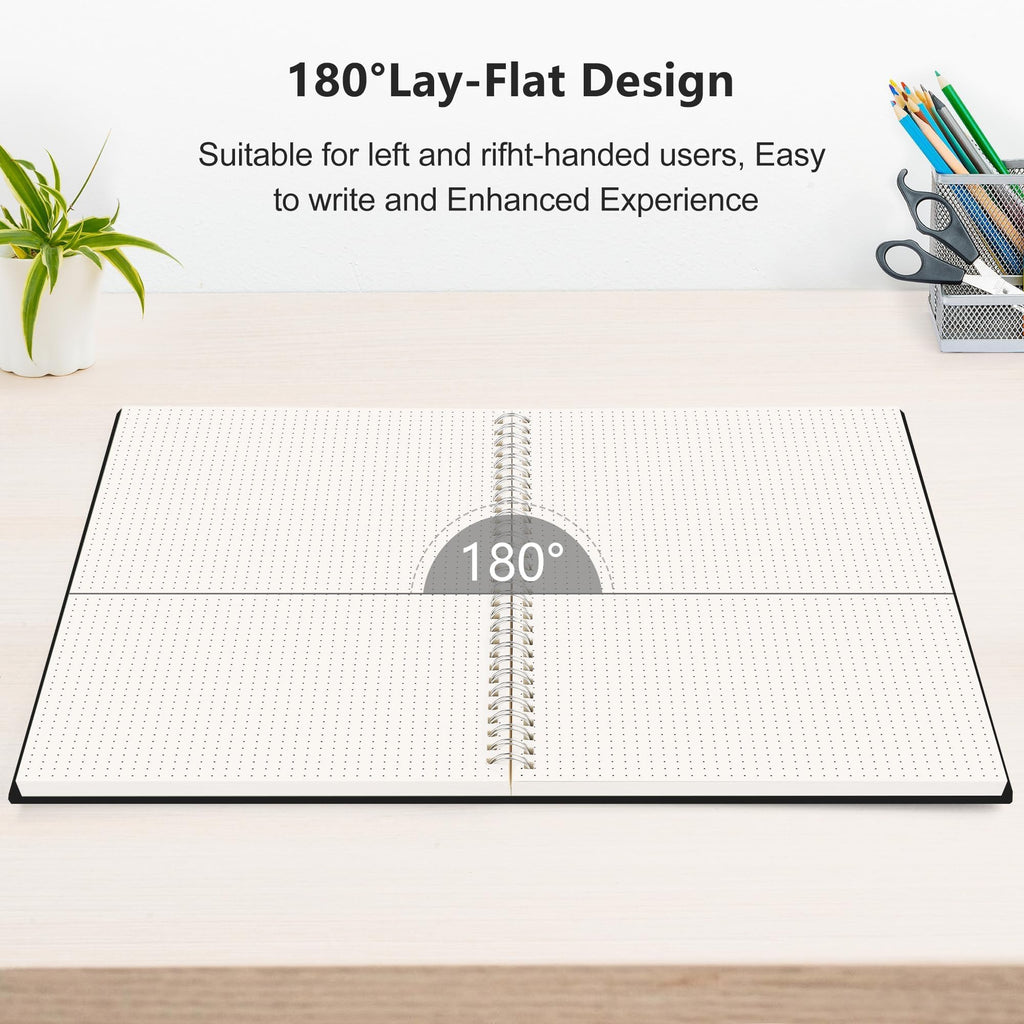 RETTACY Dotted Journal Notebook, 300 Pages, A4 Large Size (21 x 28 cm), 100 GSM Thick Paper, Flexible Plastic Cover, Spiral-bound, for Journaling, Planning, Tracking (Black)
