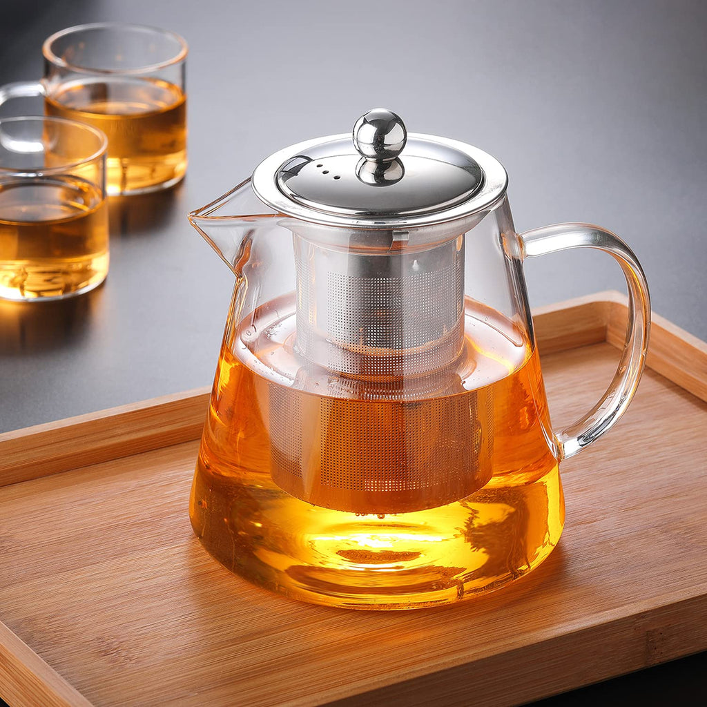 Glass Teapot with Stainless Steel Infuser,for Blooming Tea, Loose Tea, (43oz,1.3L) Holds 4-6 Cups, JOYEUX Glass Tea Pot Set, Stovetop & Dishwasher Safe