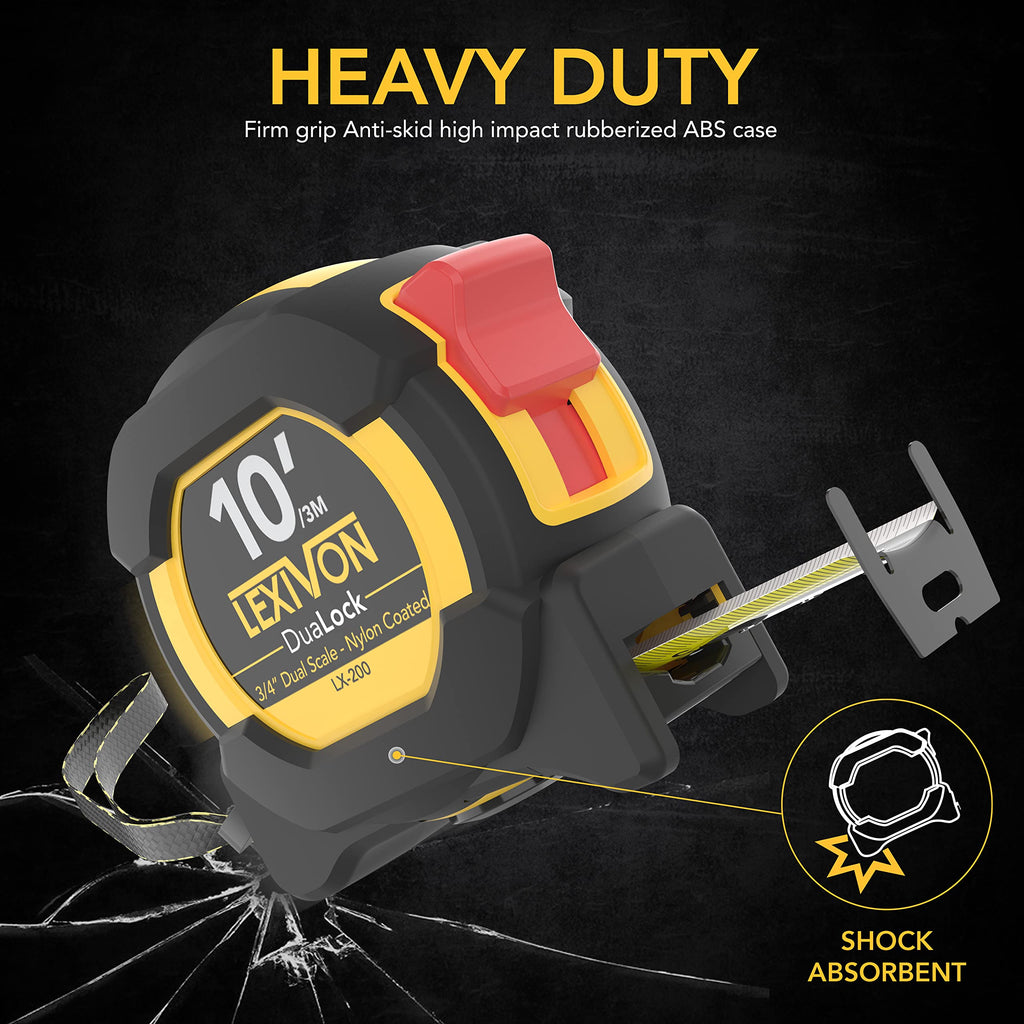 LEXIVON [3-Pack] 10Ft/3m DuaLock Tape Measure | 3/4-Inch Wide Blade with Nylon Coating, Matte Finish White & Yellow Dual Sided Rule Print | Ft/Inch/Fractions/Metric (LX-203)