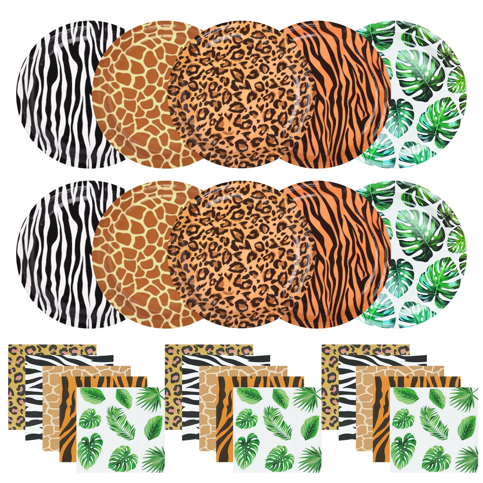 YYBD 100Pcs Jungle Safari Wild Animal Party Supplies Disposable Jungle Zoo Animal Print Paper Plates and Napkins Forest Animals Dessert Plates for Leopard Zebra Baby Shower Birthday Theme Decorations