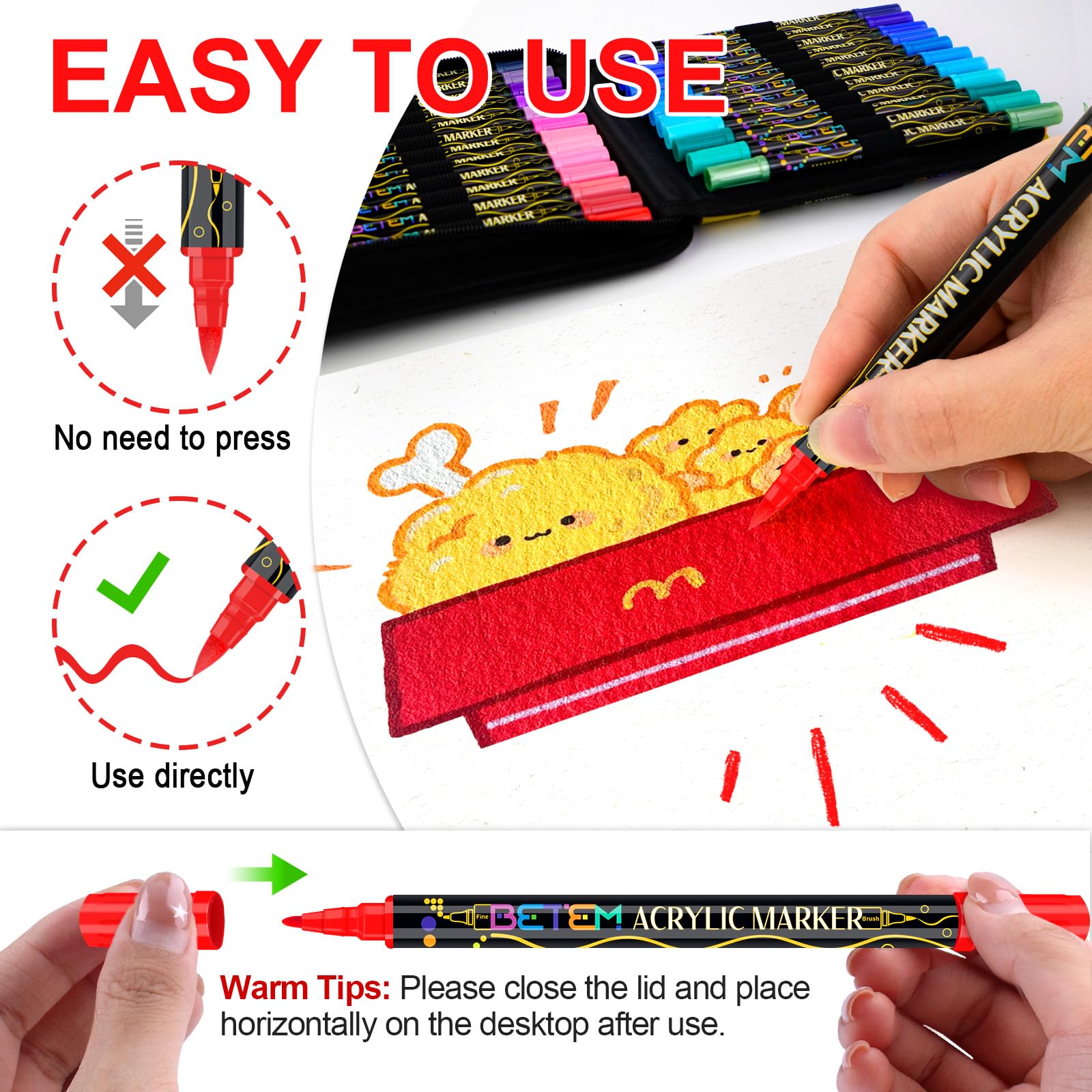 Betem 48 Colors Paint Markers Acrylic Paint Pens, Dual Tip with Brush Tip and Fine Point, Art Supplies for Wood, Canvas, Stone, Glass, Ceramic, Rock Painting Kit DIY Crafts Making Drawing Kit with Bag