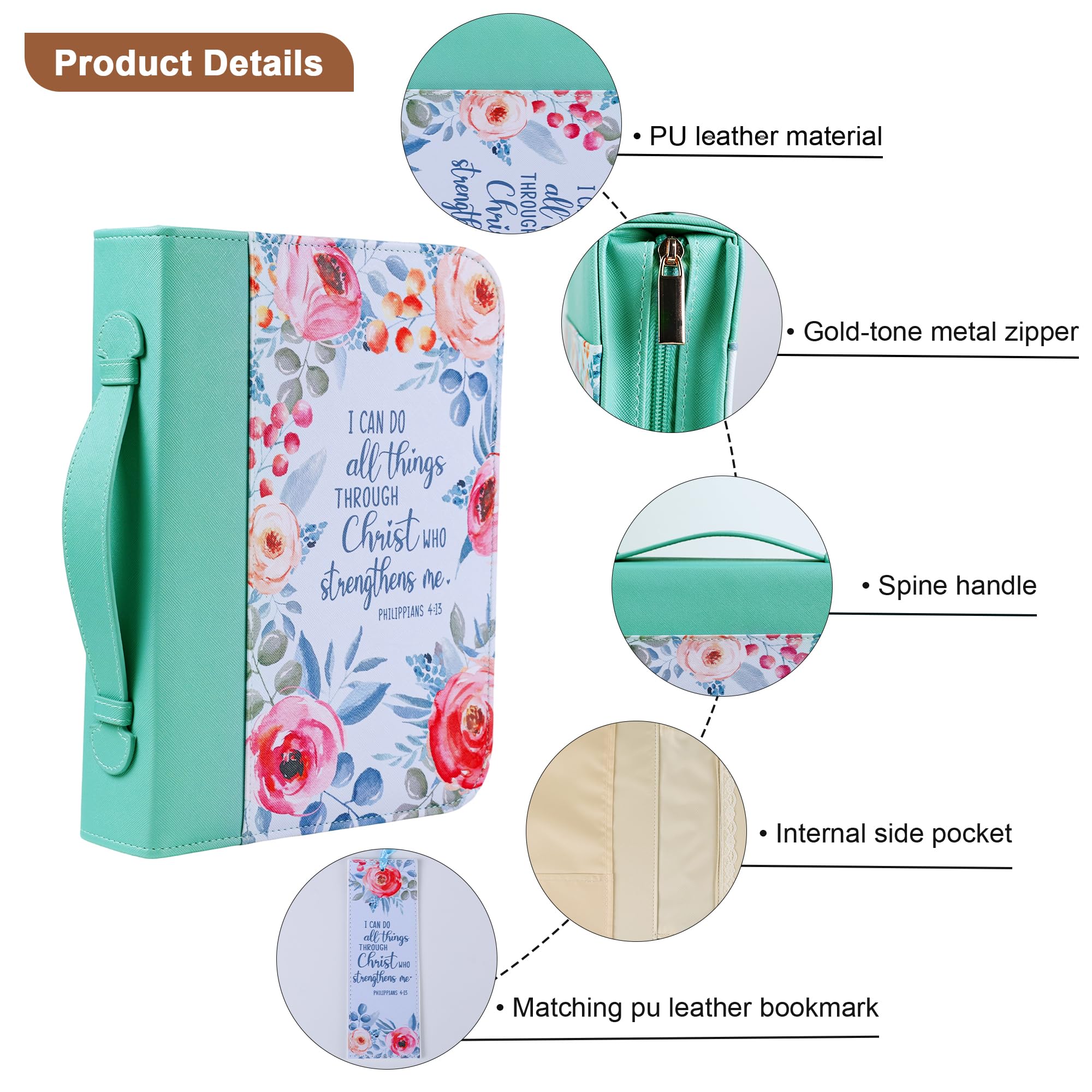 Faithful Hers Bible Covers Case for Women Leather Large Study Bible Carrying Cases Holder 11"x8.2"x2.2" Floral Bible Carrier Tote Bags with Handles Pockets Christian Bible Accessories Gifts
