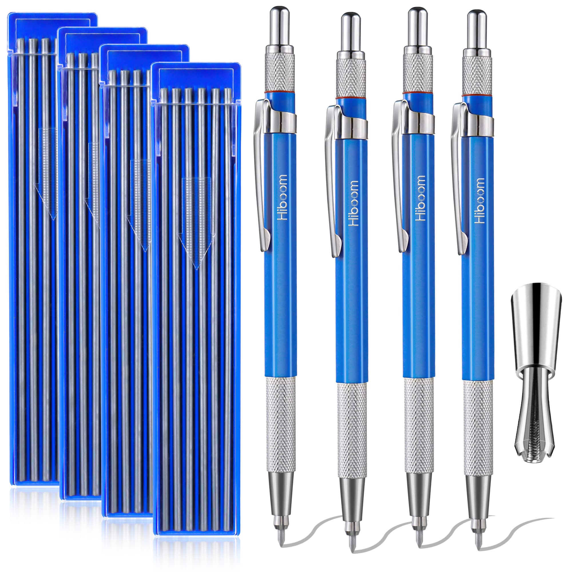 Hiboom 4 Pcs Welders Pencil with 48 Pcs Silver Round Refills, Mechanical Pencils Metal Marker with Built-in Sharpener for Pipe Fitter Welder Steel Construction Fabrication Woodworking, Design Patent