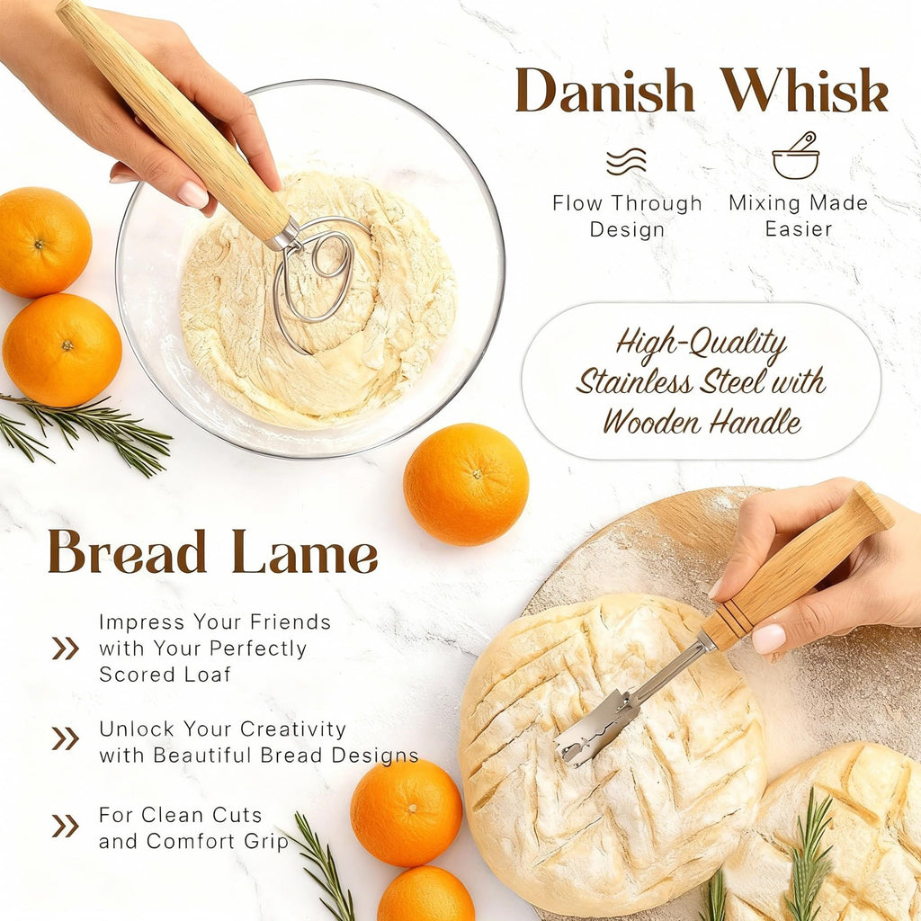 Sourdough Starter Kit, 2 Pcs 9" Round Banneton Proofing Basket, Sourdough Proofing Basket with Danish Dough Whisk, Bread Scoring Lame,Stainless Steel Dough Scraper,Bowl Scraper(2 Pcs 9 inch Round Set)